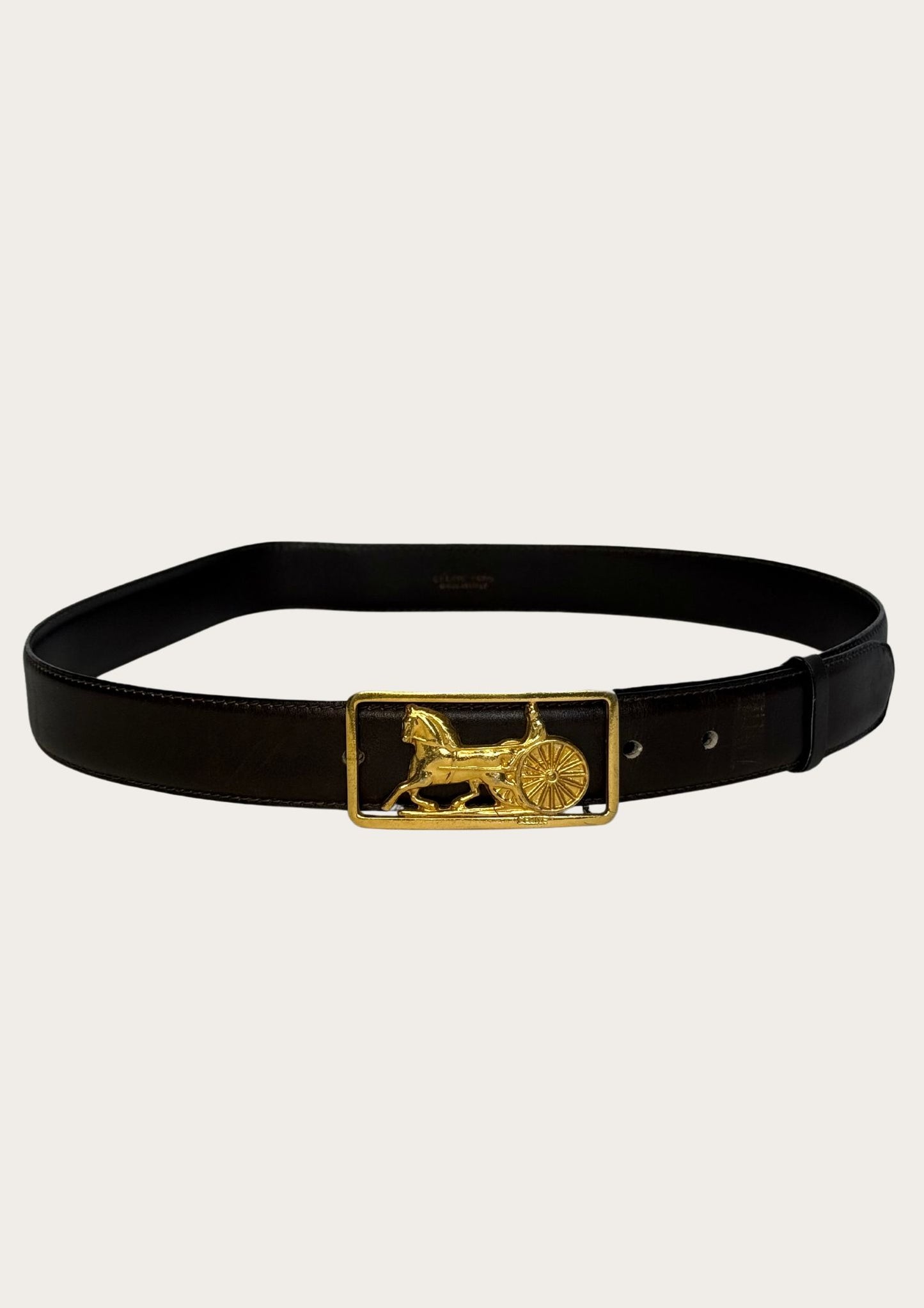 Vintage and authentic Celine Horse Carriage belt in black leather with golden buckle