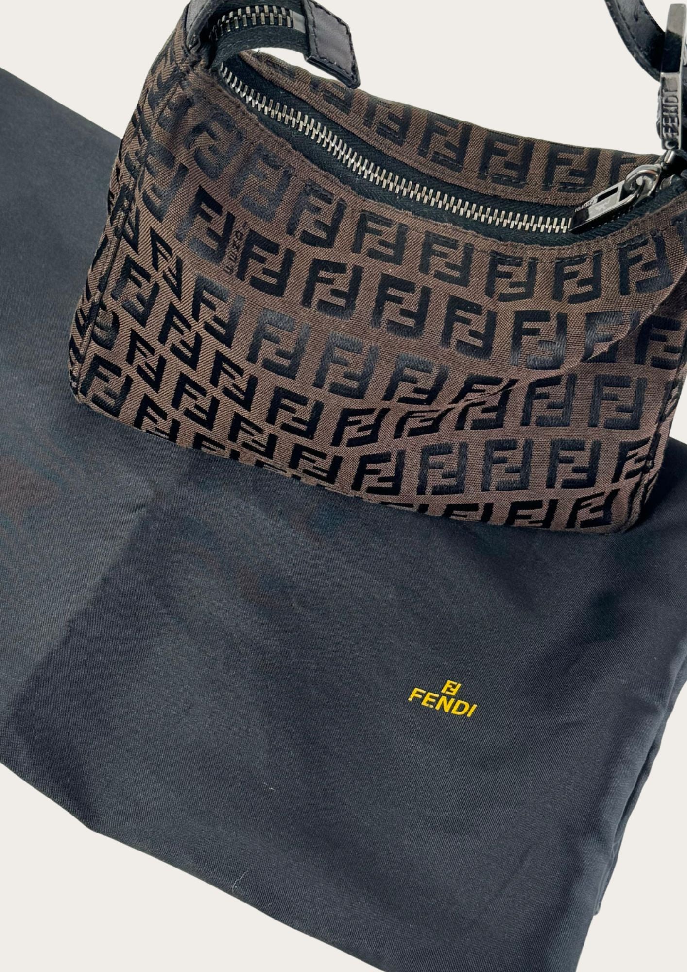 Pre-loved Fendi Zucchino mini bag in chocolate brown in good condition, with dust bag.