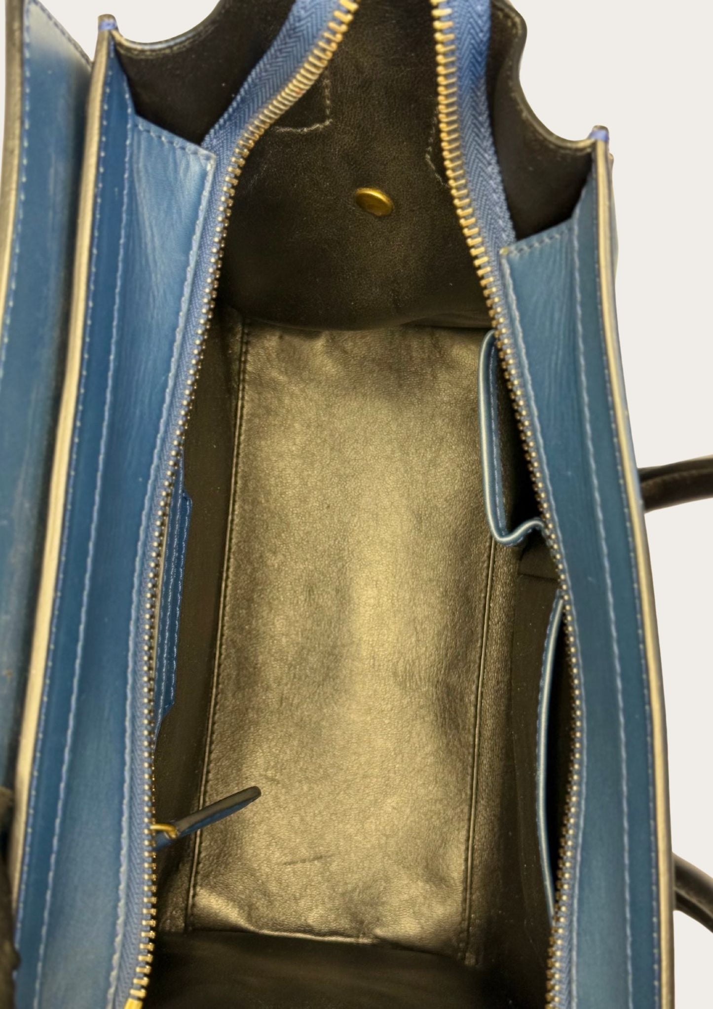 Genuine Celine Nano Luggage Tote in blue leather with black handles