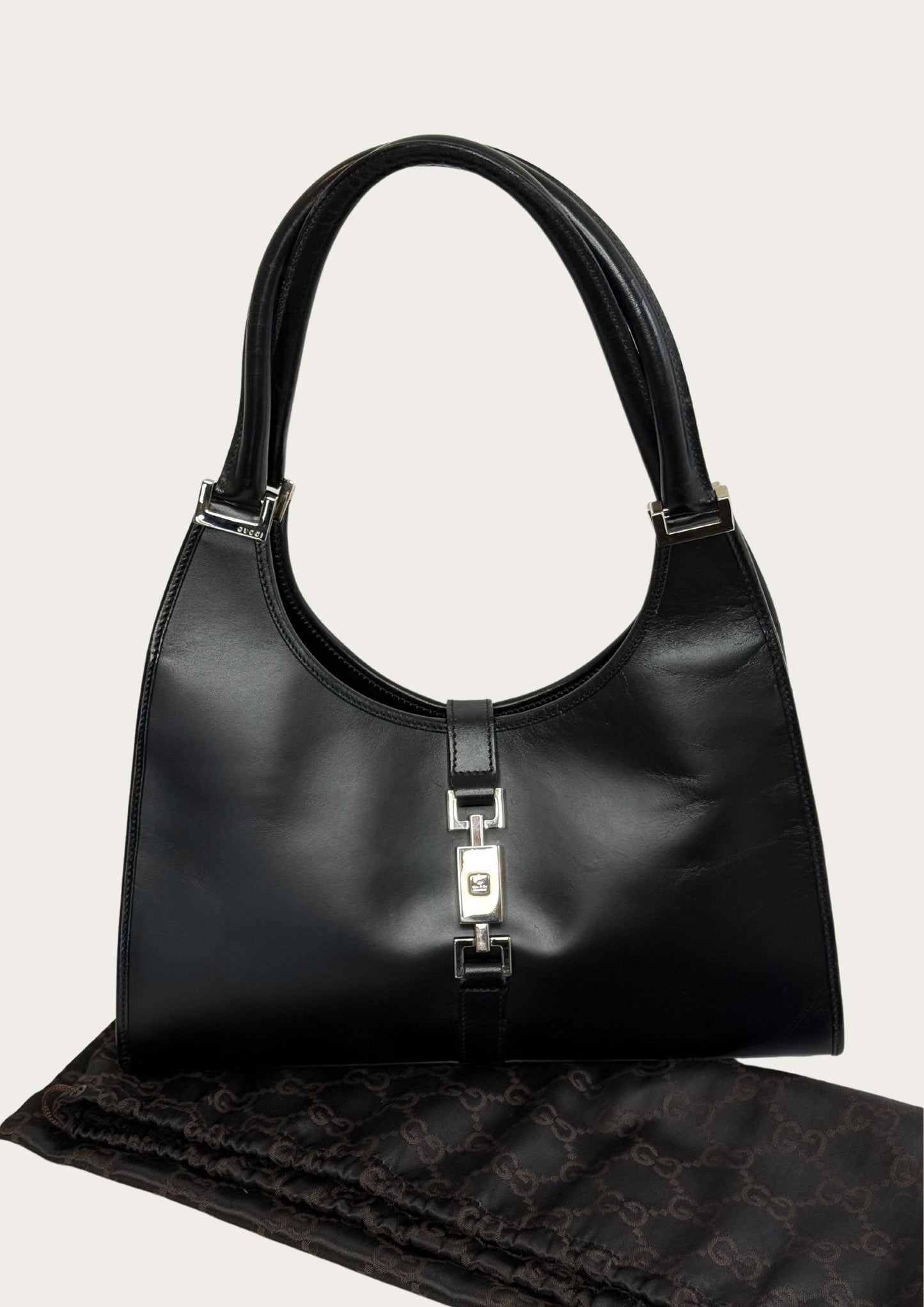 Black leather Gucci Jackie Bardot handbag, genuine and vintage with dust bag