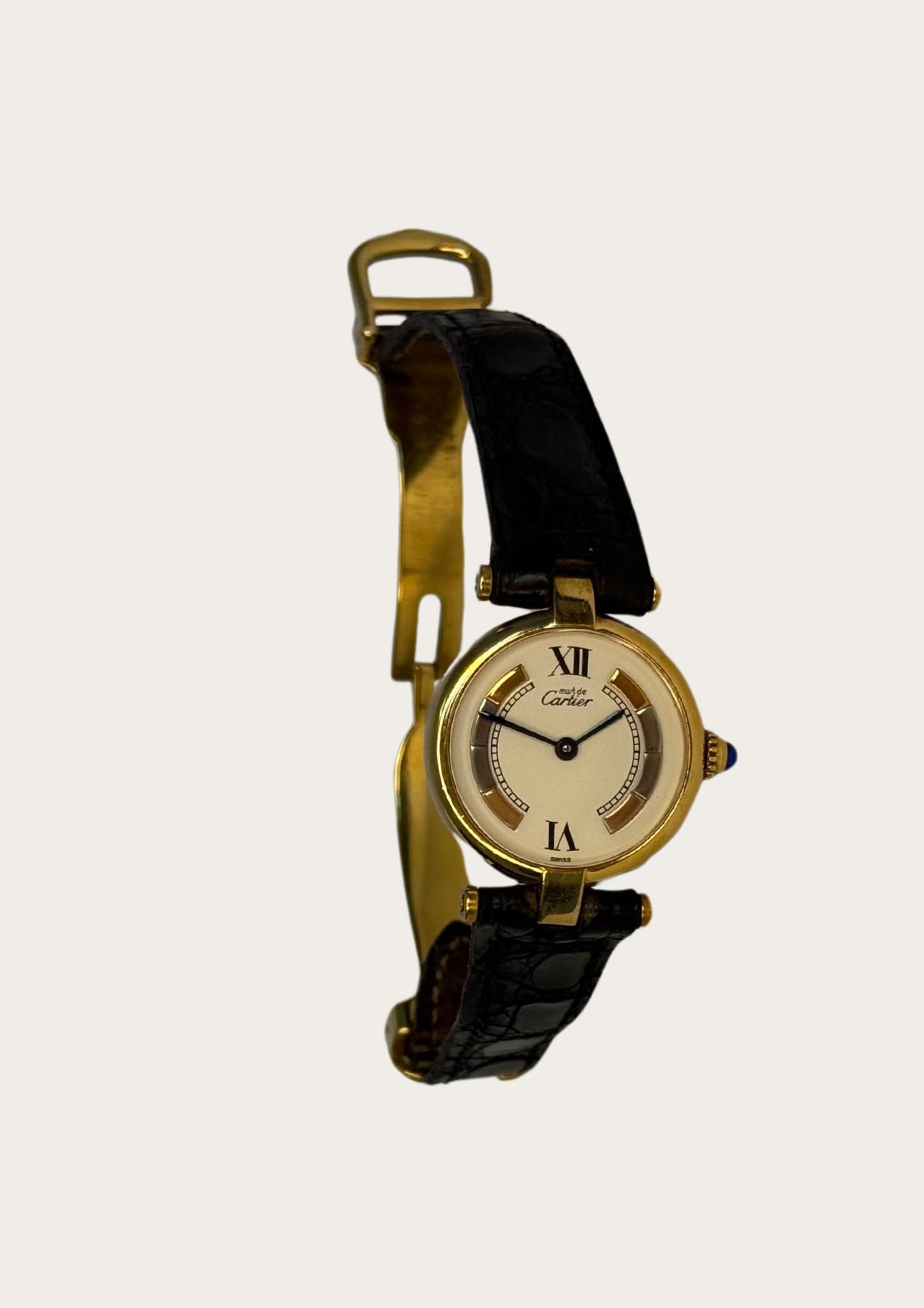 Vintage and authentic Cartier Must Vermeil watch with black leather bracelet