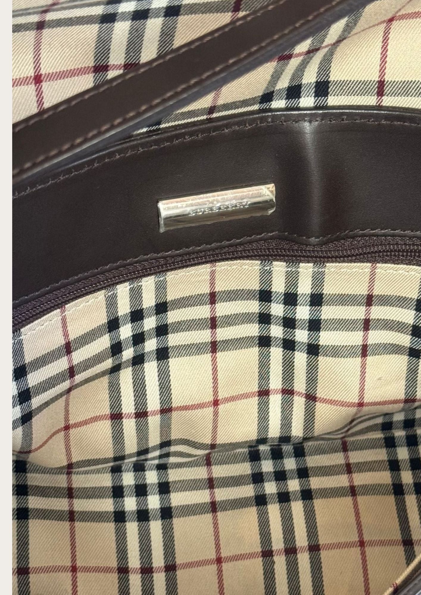 Burberry brown leather shoulder bag inside.