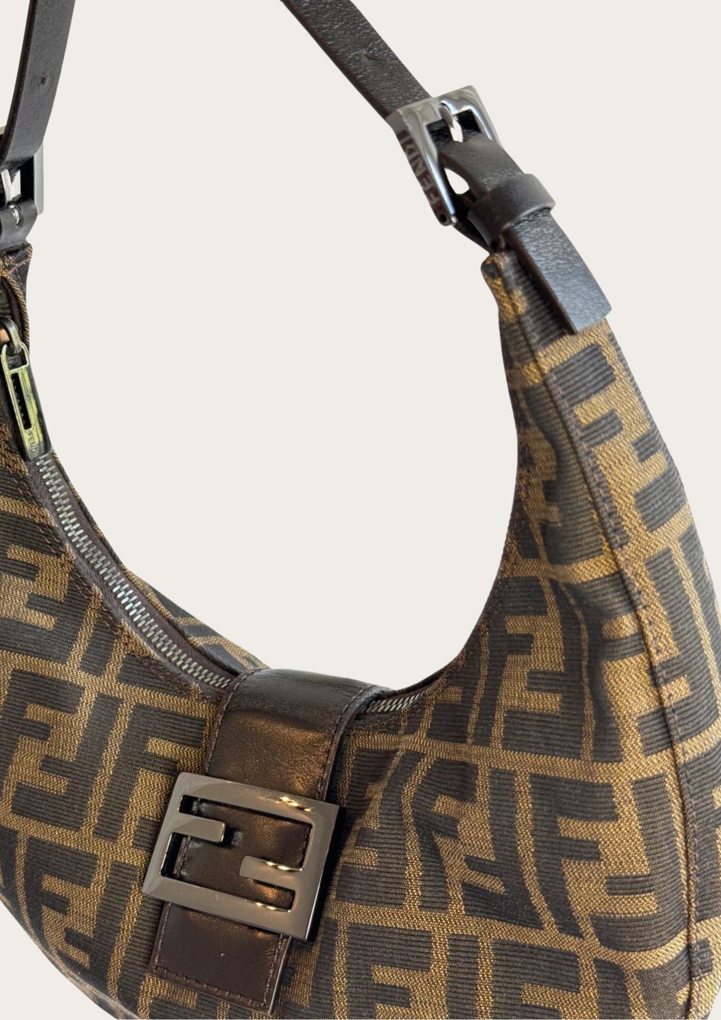 Genuine Fendi half-moon bag in Zucca pattern with logo details