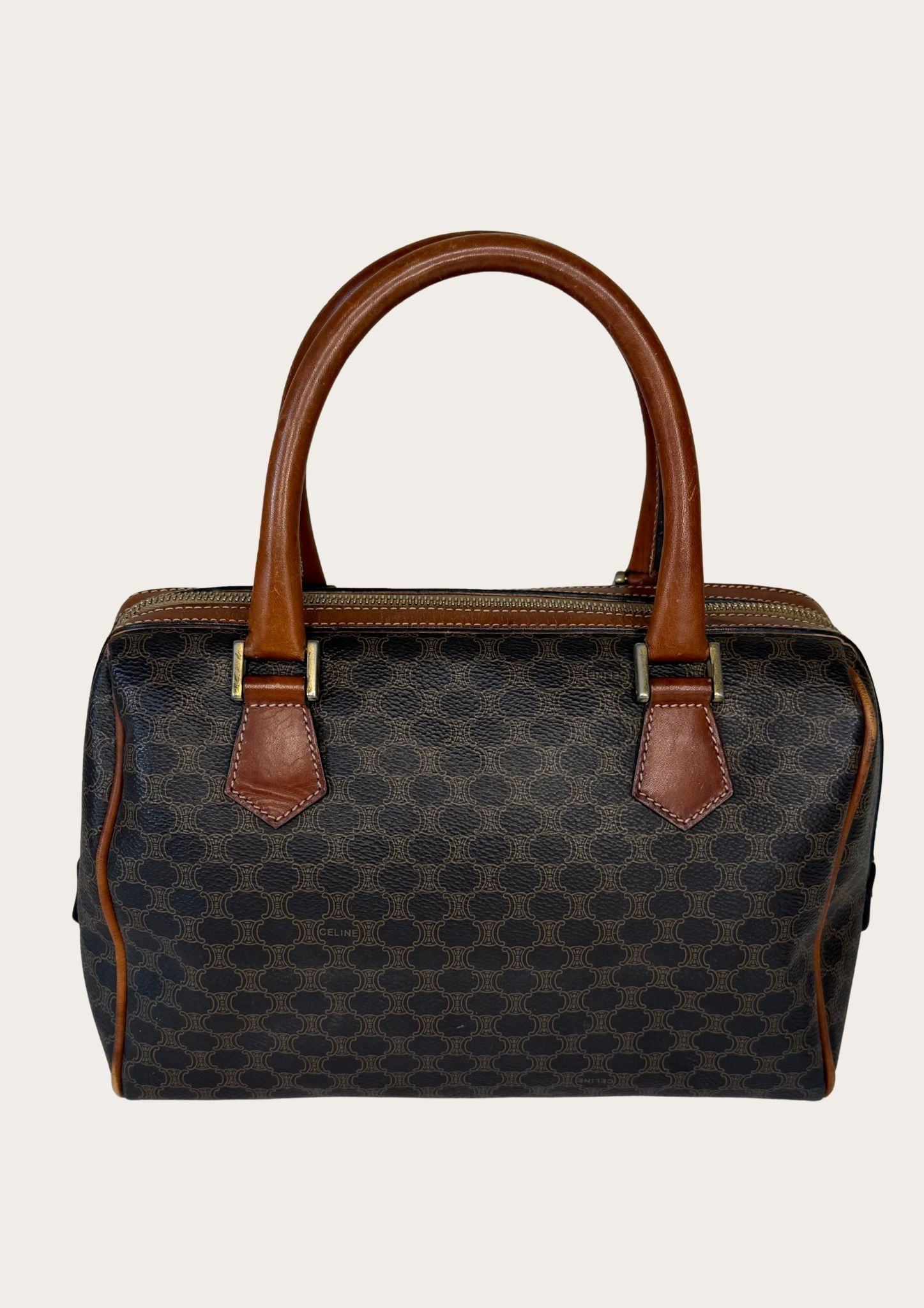 Authentic Celine Macadam Boston bag in PVC and leather details.