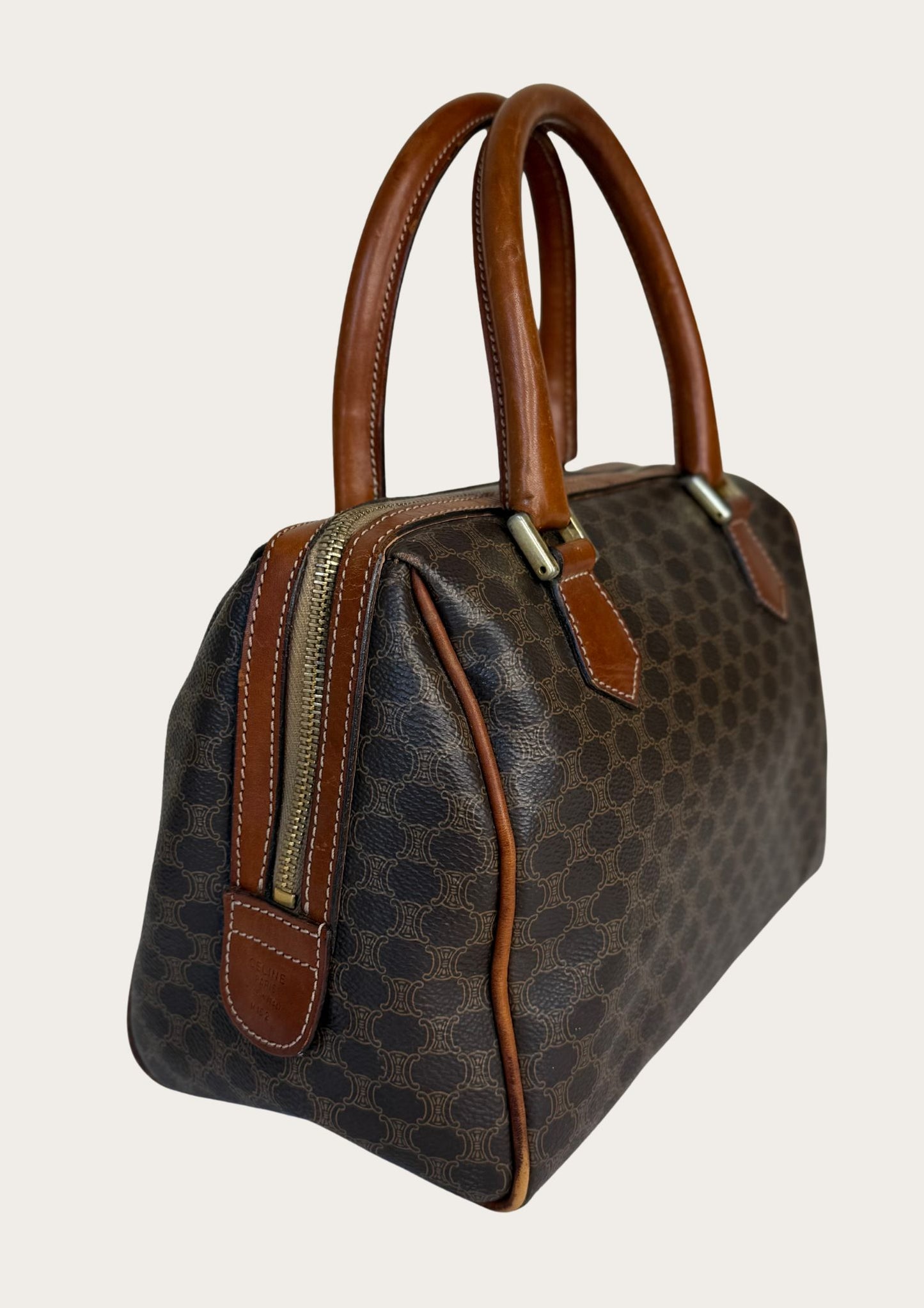 Authentic Celine Macadam Boston bag in PVC and leather details.