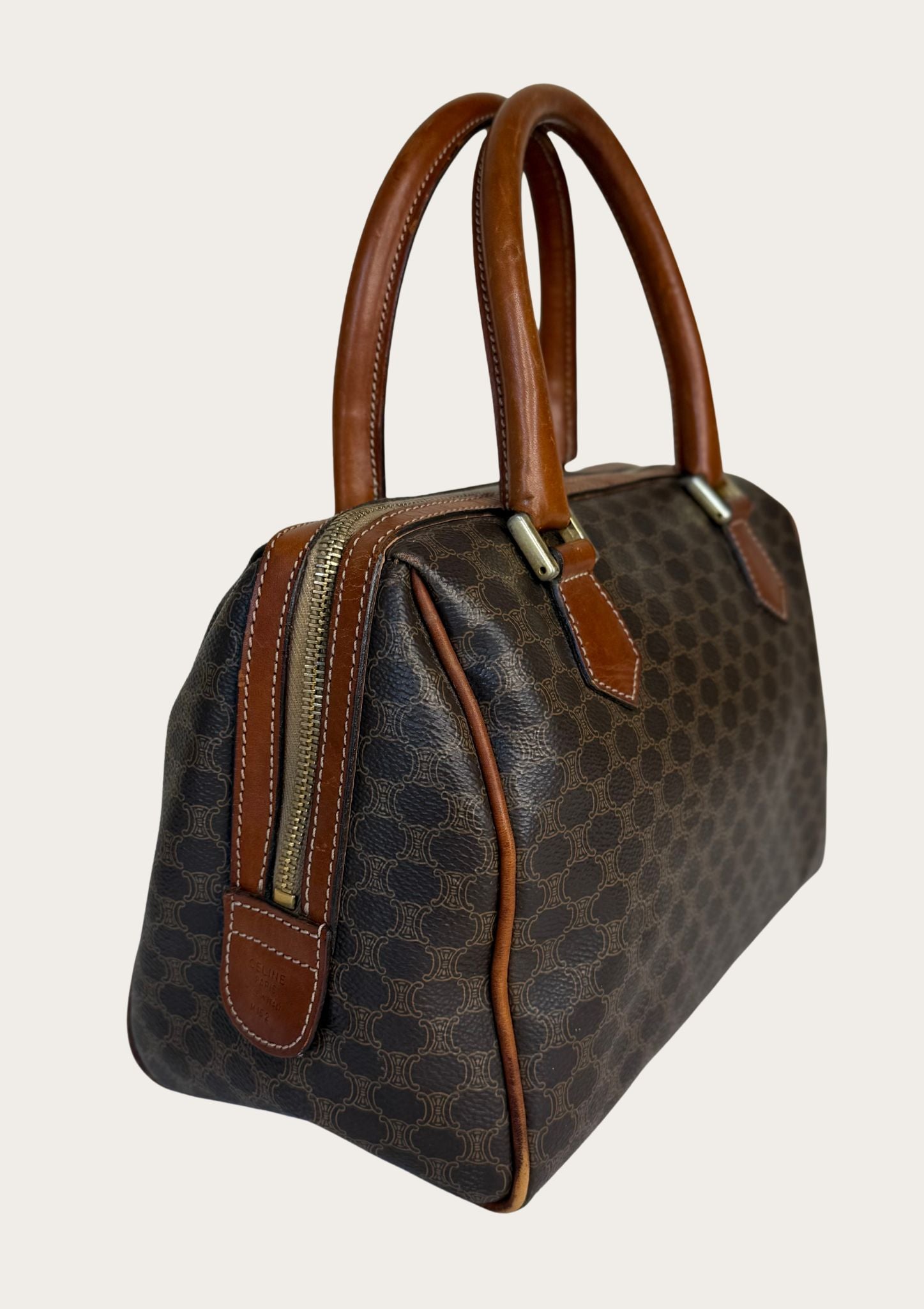 Authentic Celine Macadam Boston bag in PVC and leather details.