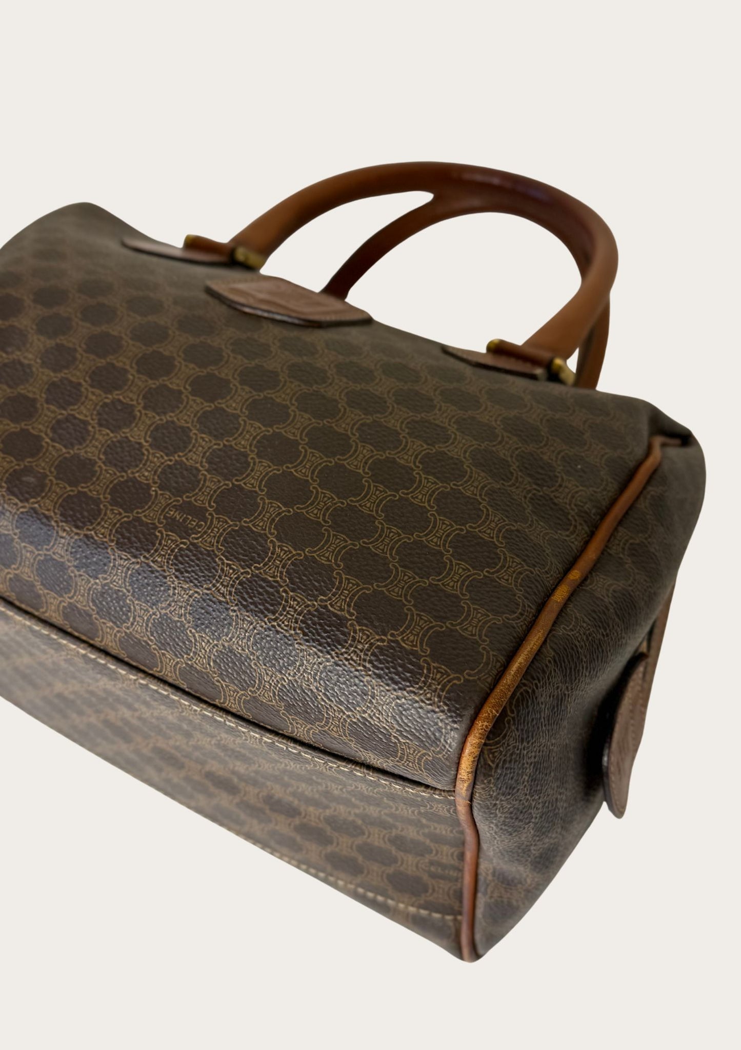 Authentic Celine Macadam Boston bag in PVC and leather details.