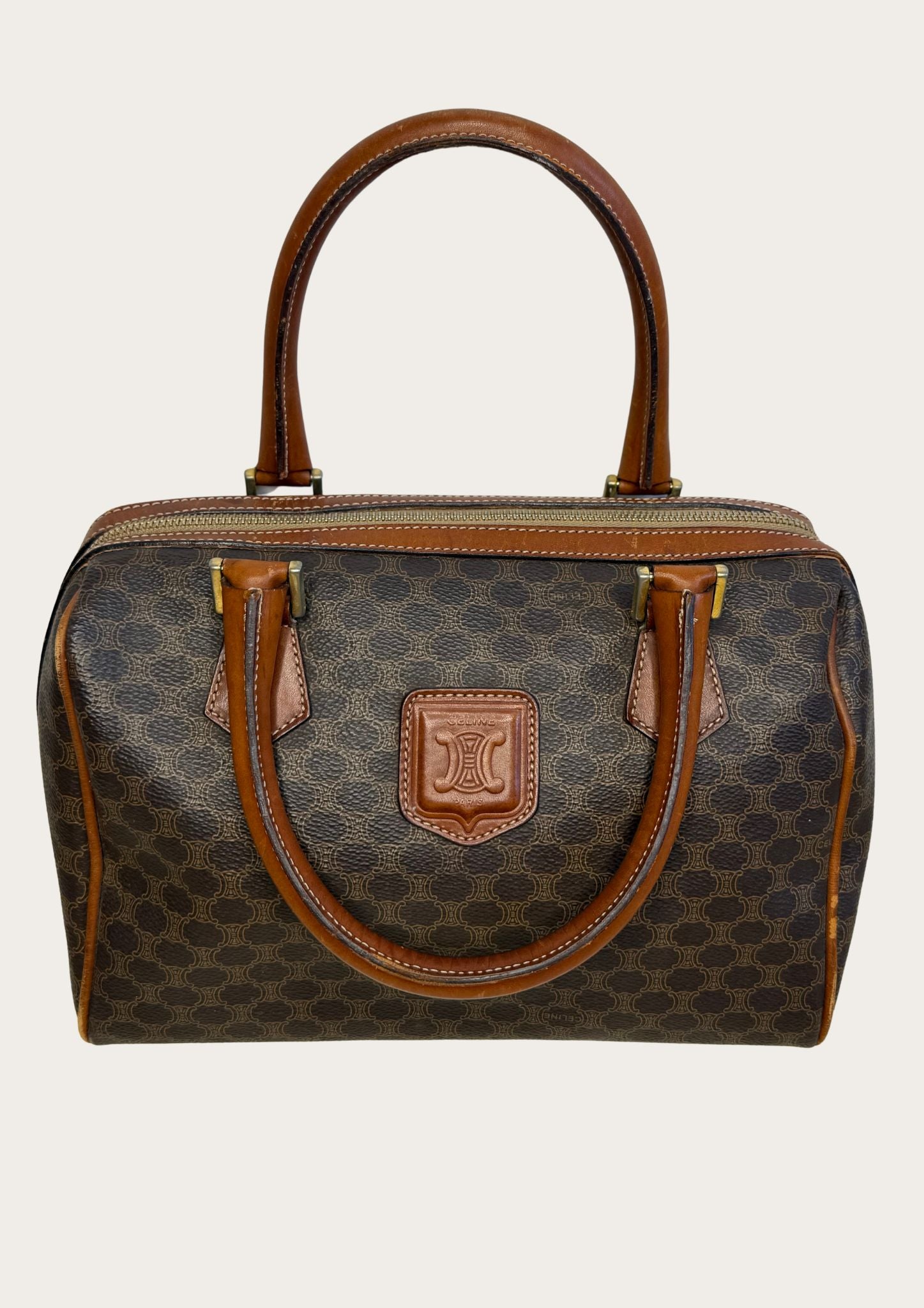 Authentic Celine Macadam Boston bag in PVC and leather details.