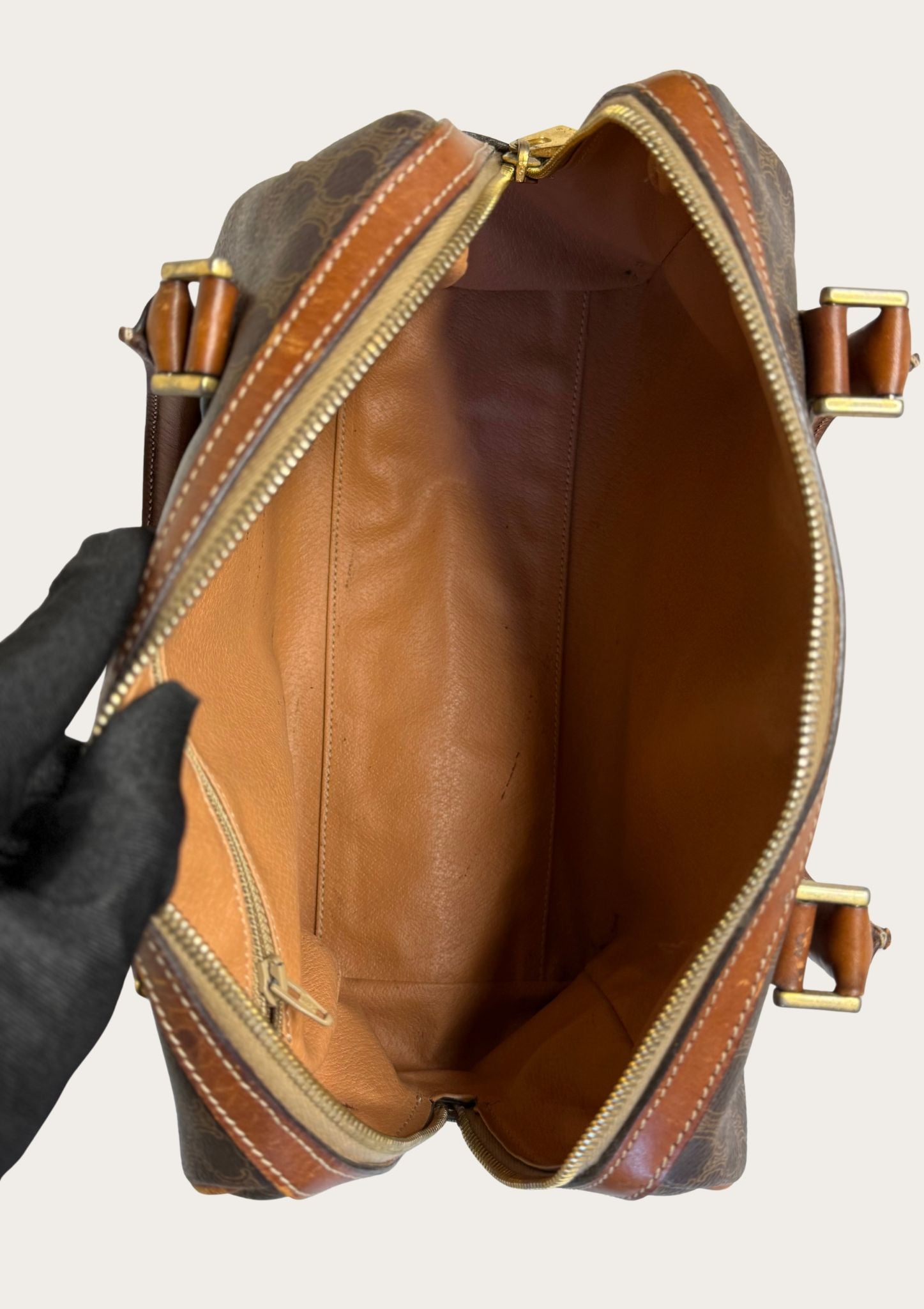 Authentic Celine Macadam Boston bag in PVC and leather details.