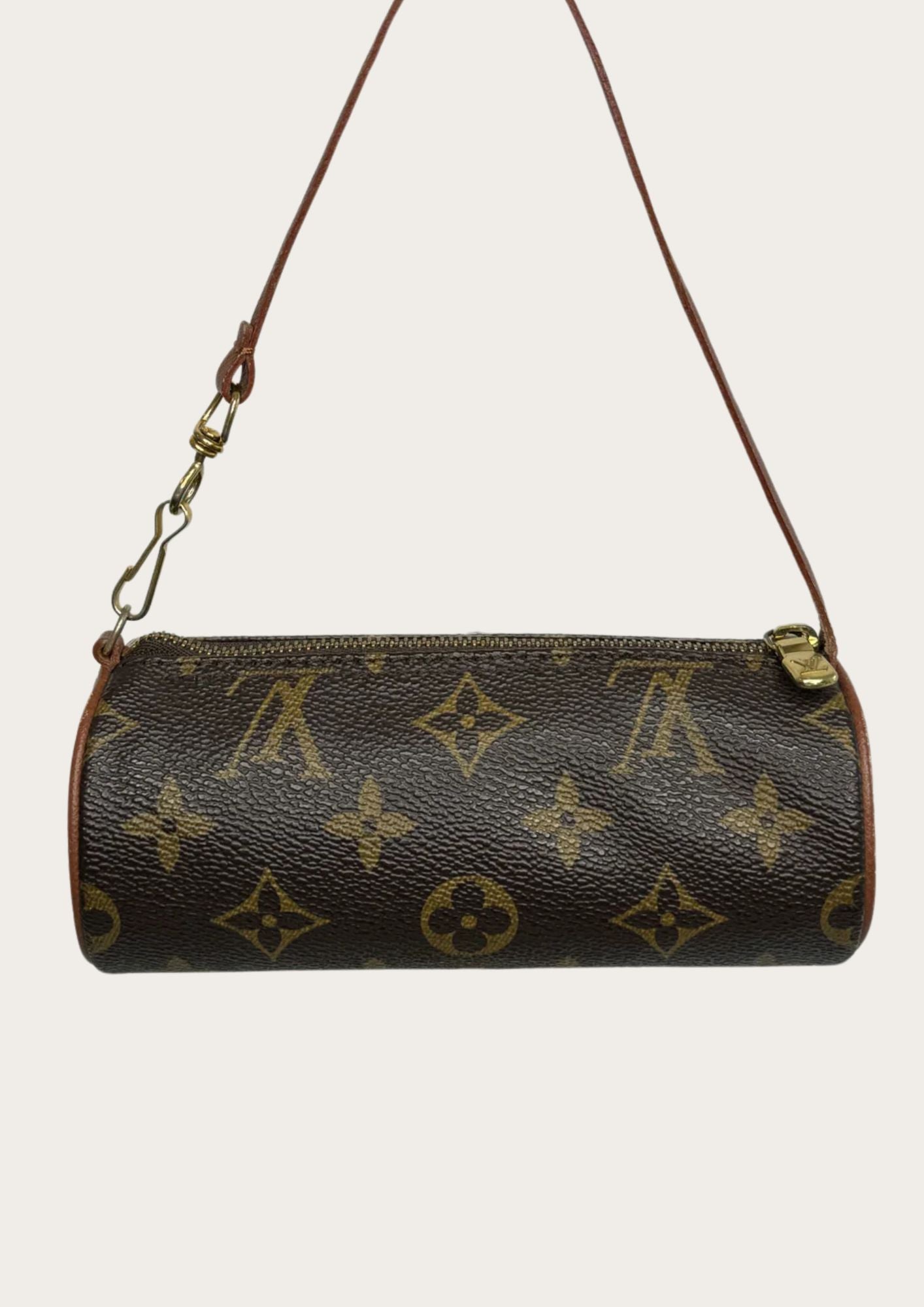 Backside of Louis Vuitton mini Papillon in monogram leather.