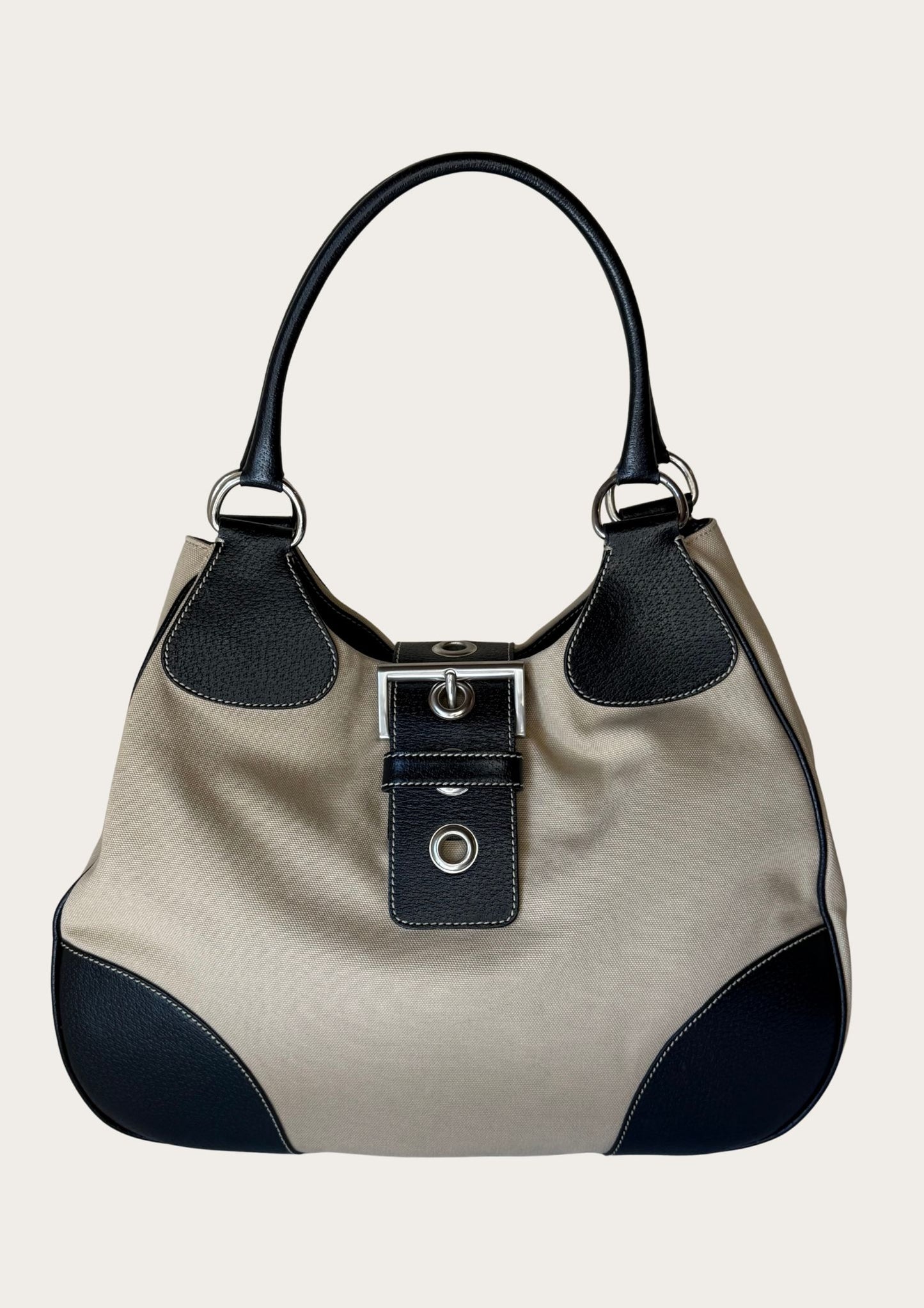 Prada Hobo Buckle bag in beige canvas with brown leather details, Entrupy certificate