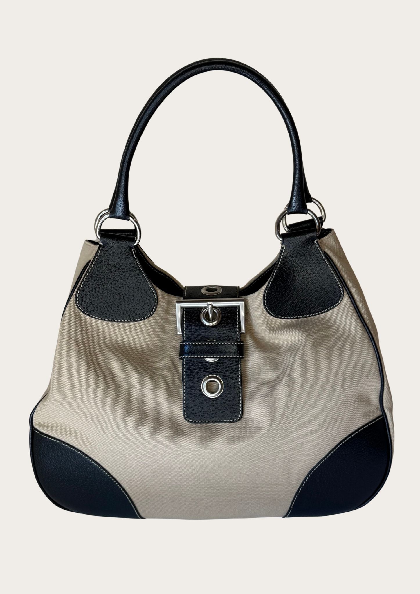 Prada Hobo Buckle bag in beige canvas with brown leather details, Entrupy certificate