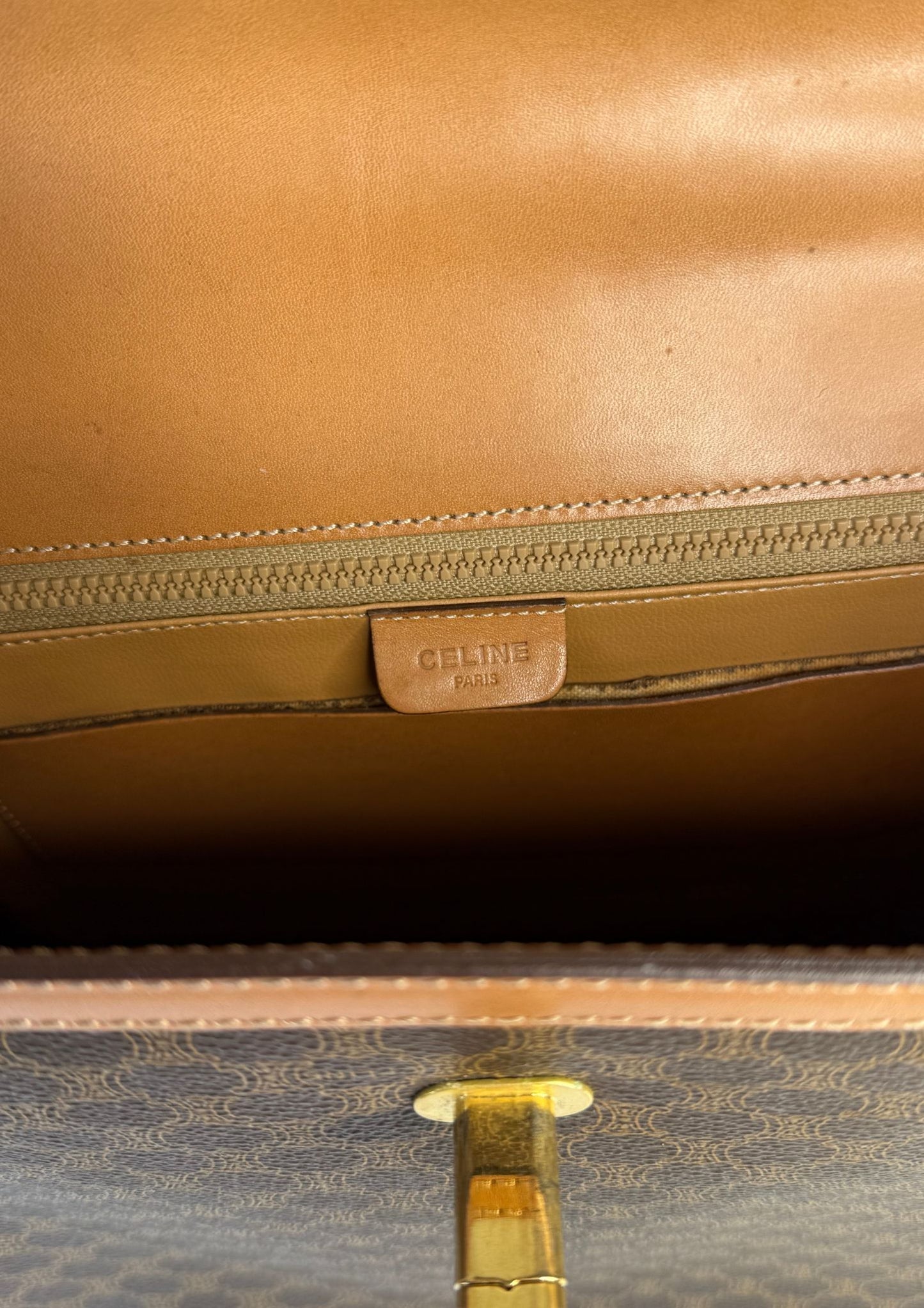 Authentic and vintage Celine top handle bag in macadam pattern