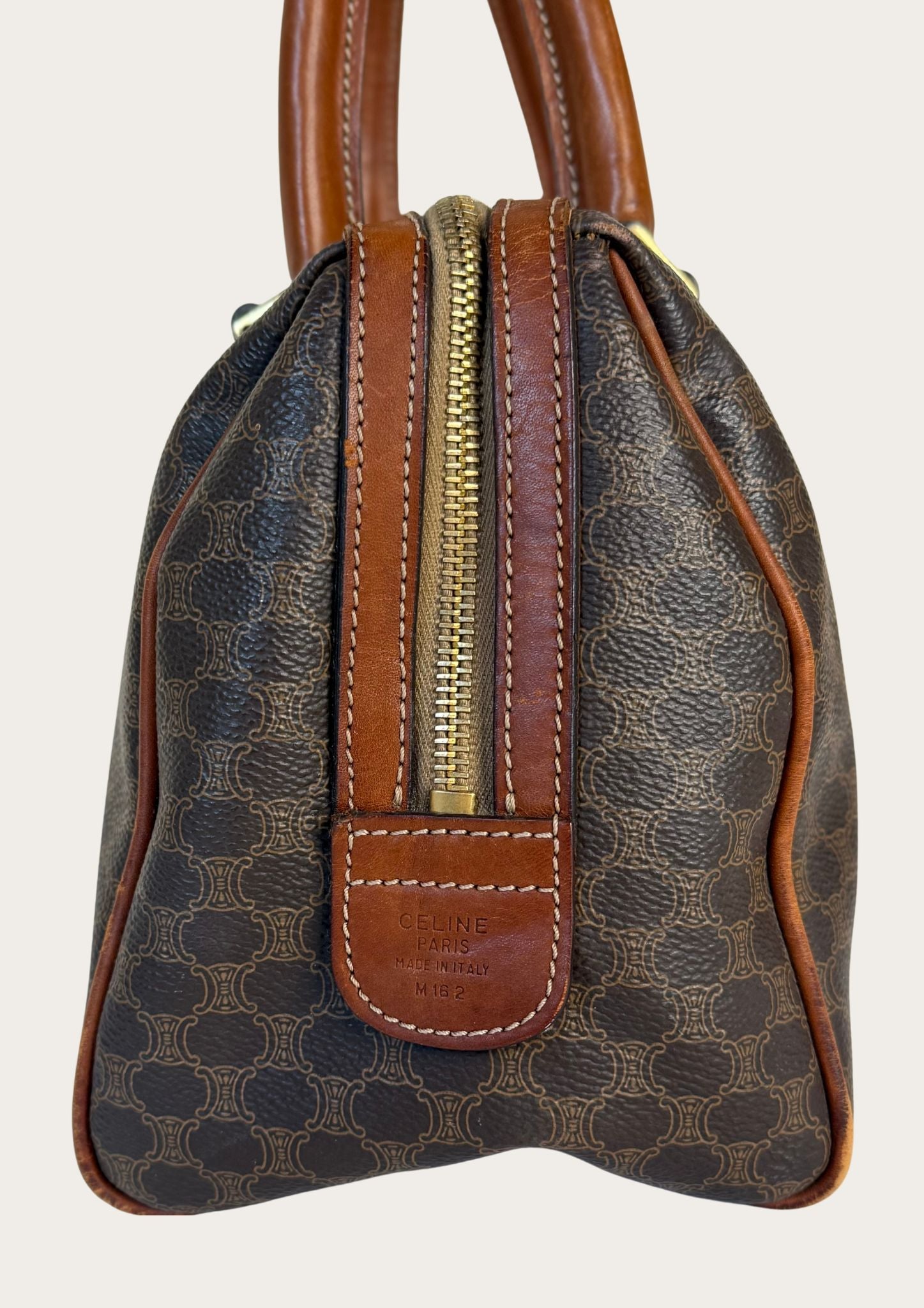 Authentic Celine Macadam Boston bag in PVC and leather details.