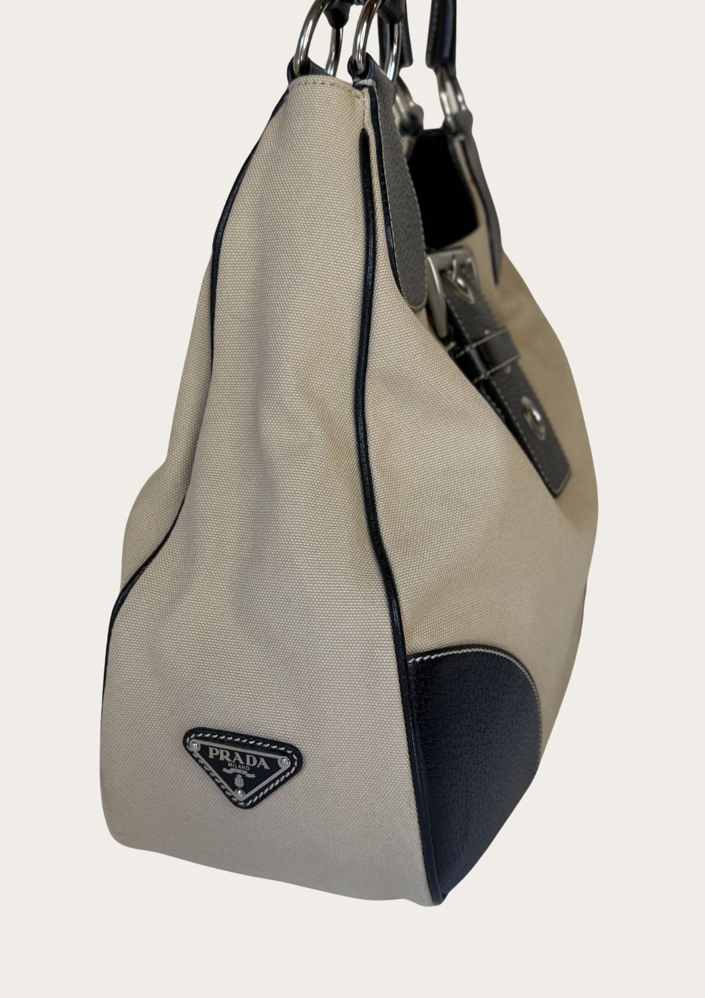 Prada Hobo Buckle bag in beige canvas with brown leather details, Entrupy certificate