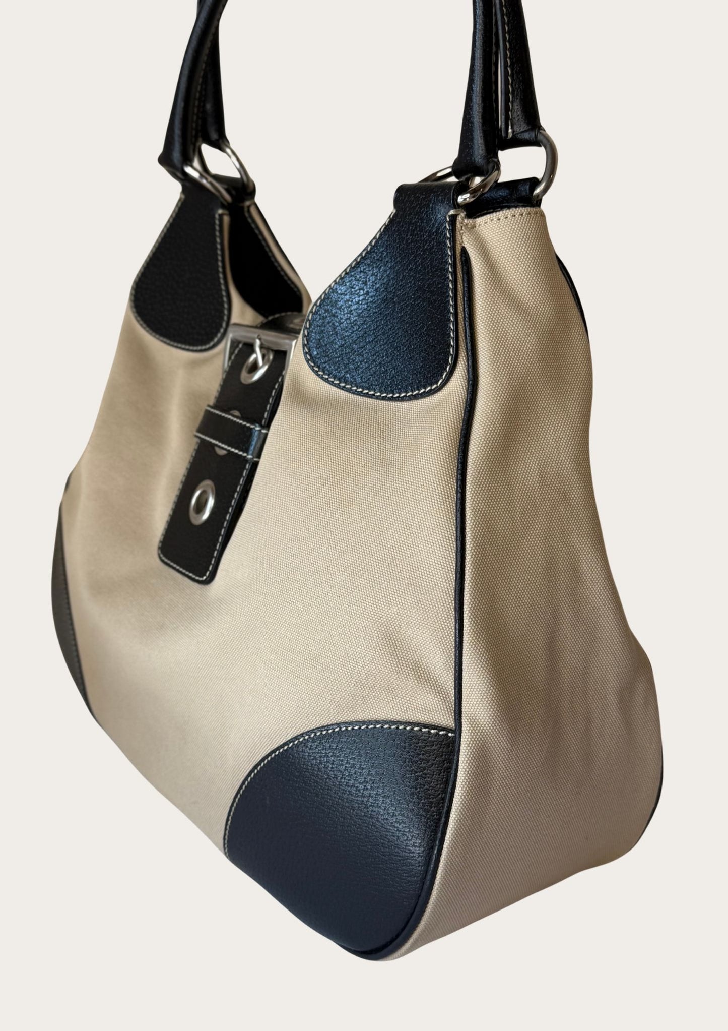 Prada Hobo Buckle bag in beige canvas with brown leather details, Entrupy certificate