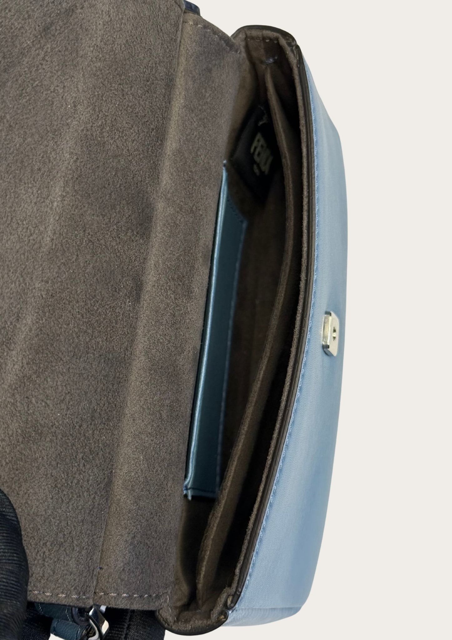 Genuine Fendi Double Micro Baguette crossbody mini bag in light blue with silver hardware