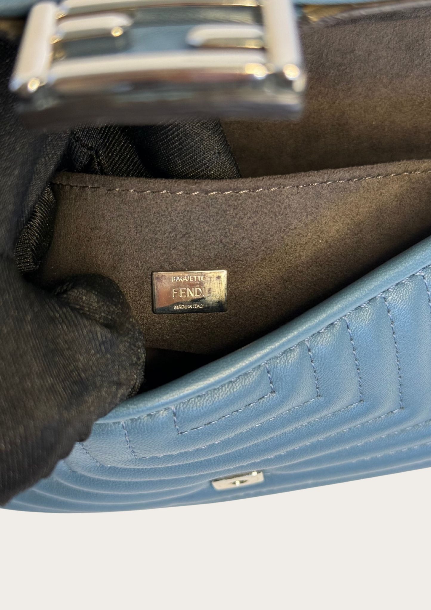 Genuine Fendi Double Micro Baguette crossbody mini bag in light blue with silver hardware