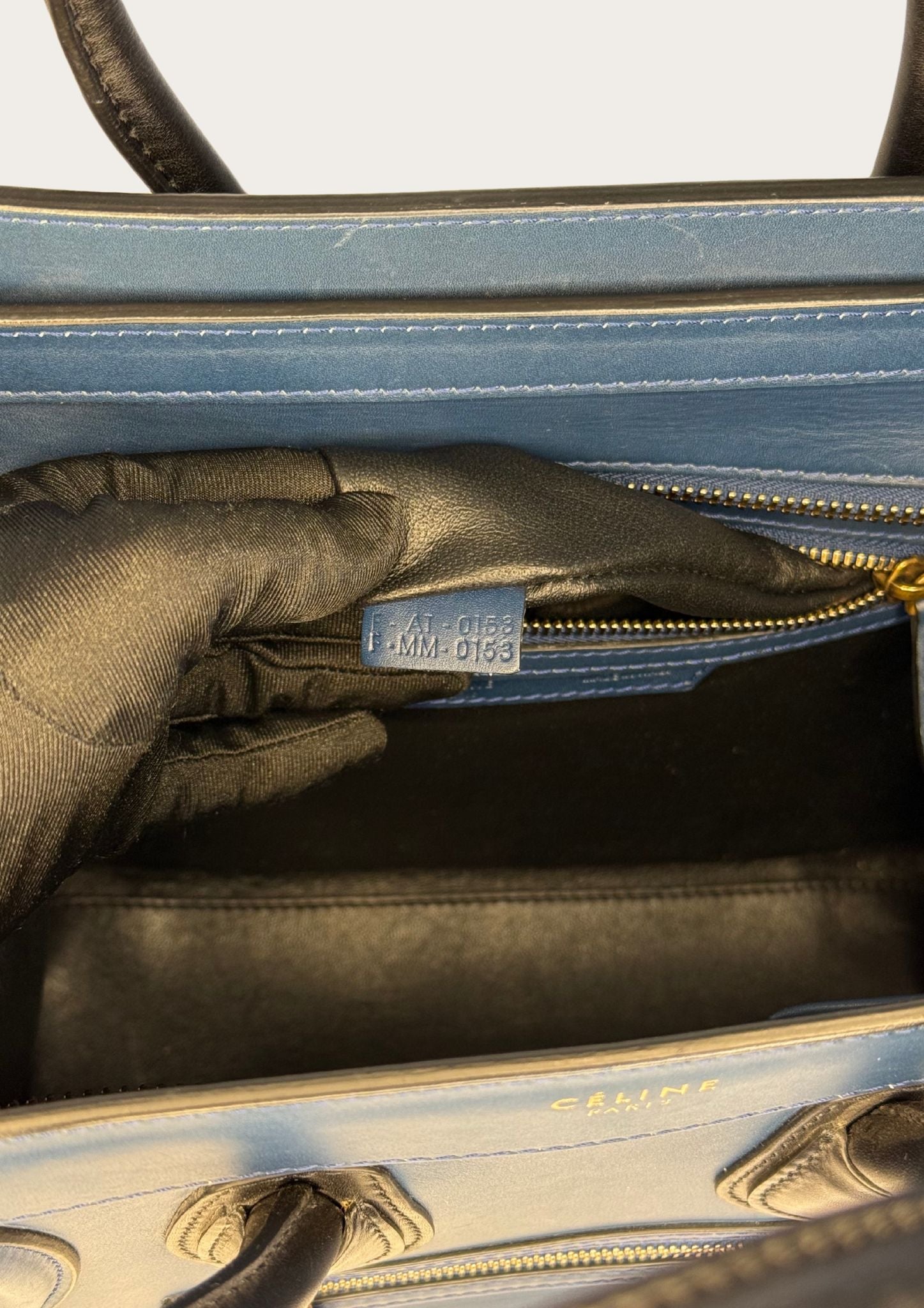 Genuine Celine Nano Luggage Tote in blue leather with black handles 