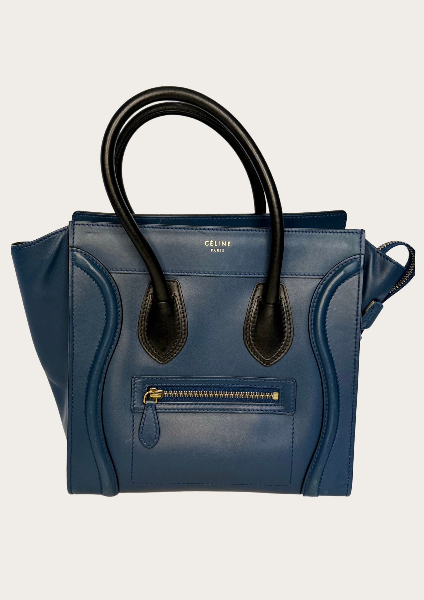 Genuine Celine Nano Luggage Tote in blue leather with black handles 