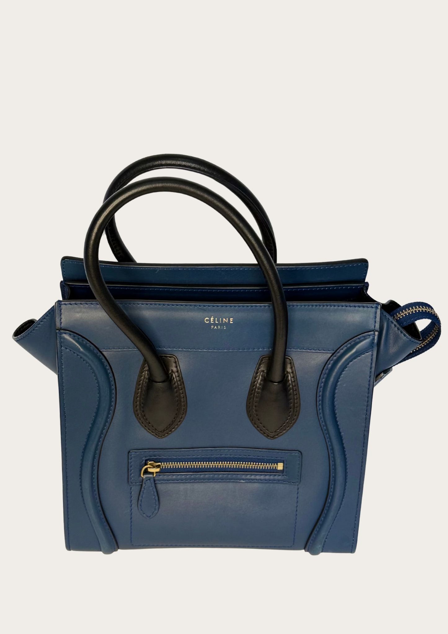 Genuine Celine Nano Luggage Tote in blue leather with black handles 
