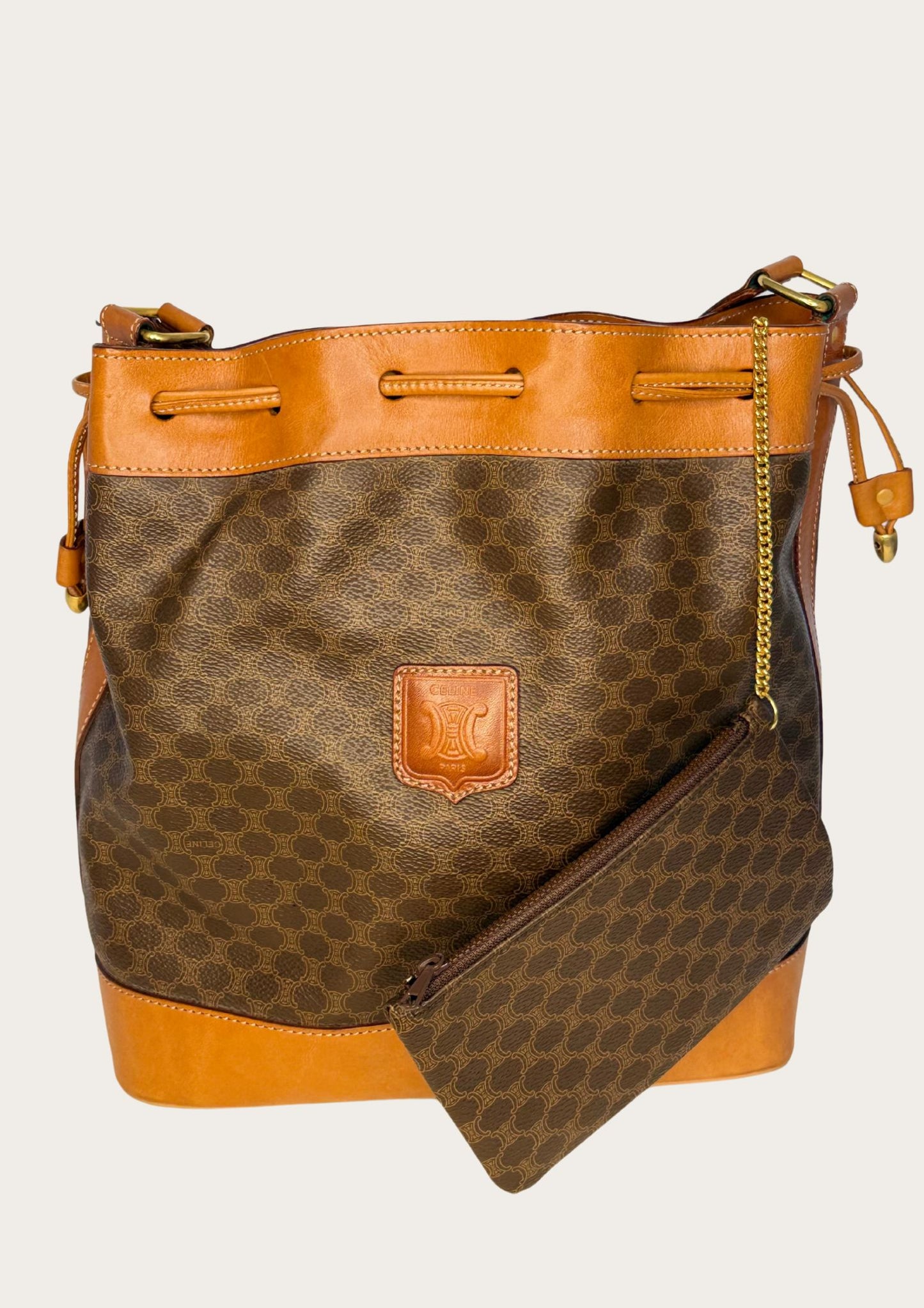 Genuine Celine Sac Seau Bucket Bag in macadam canvas with pouch