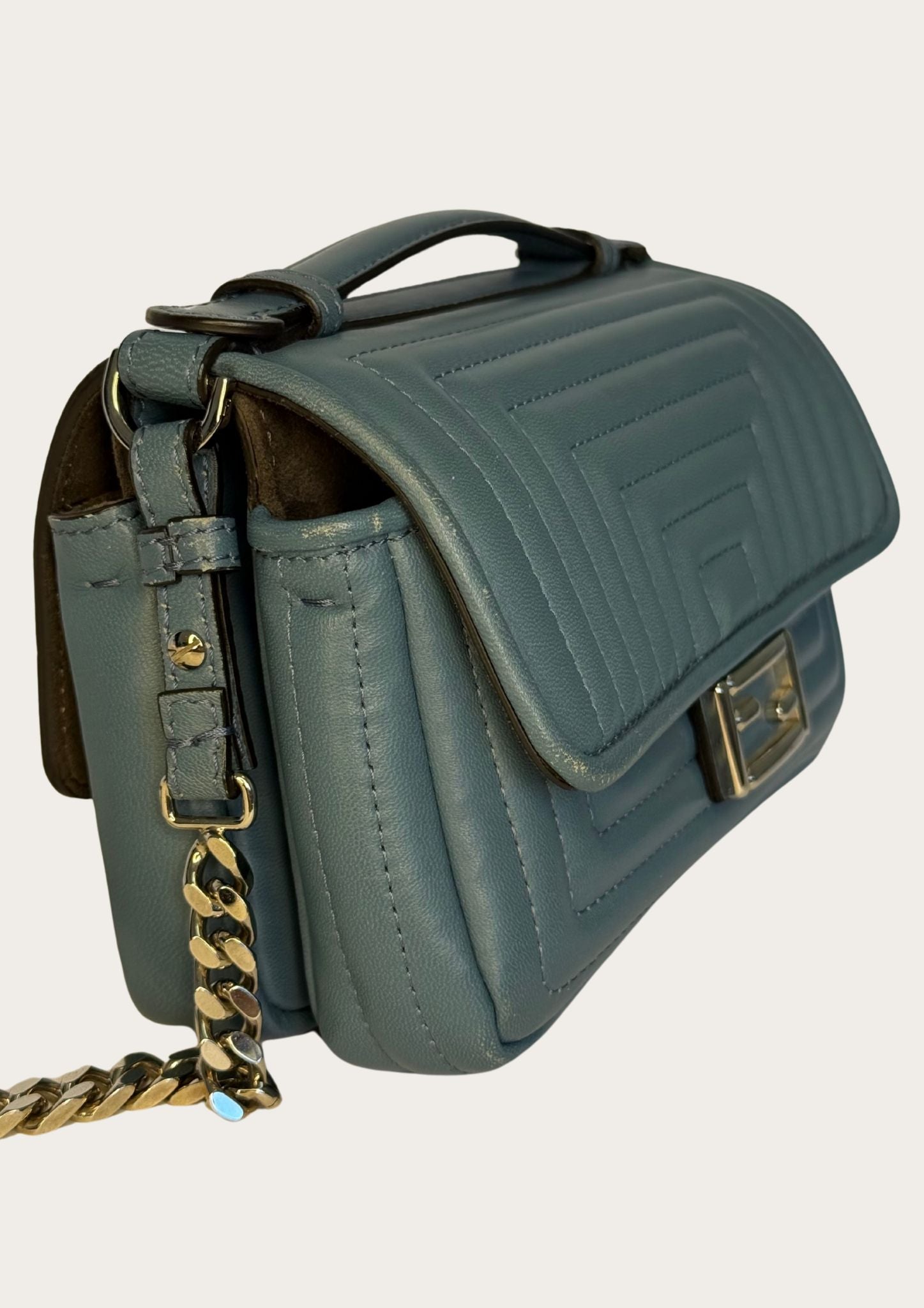 Genuine Fendi Double Micro Baguette crossbody mini bag in light blue with silver hardware