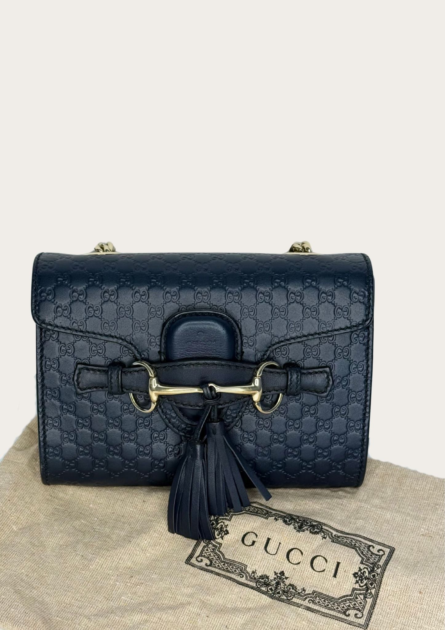 Genuine Gucci Emily crossbody bag in navy Guccissima leather with horsebit