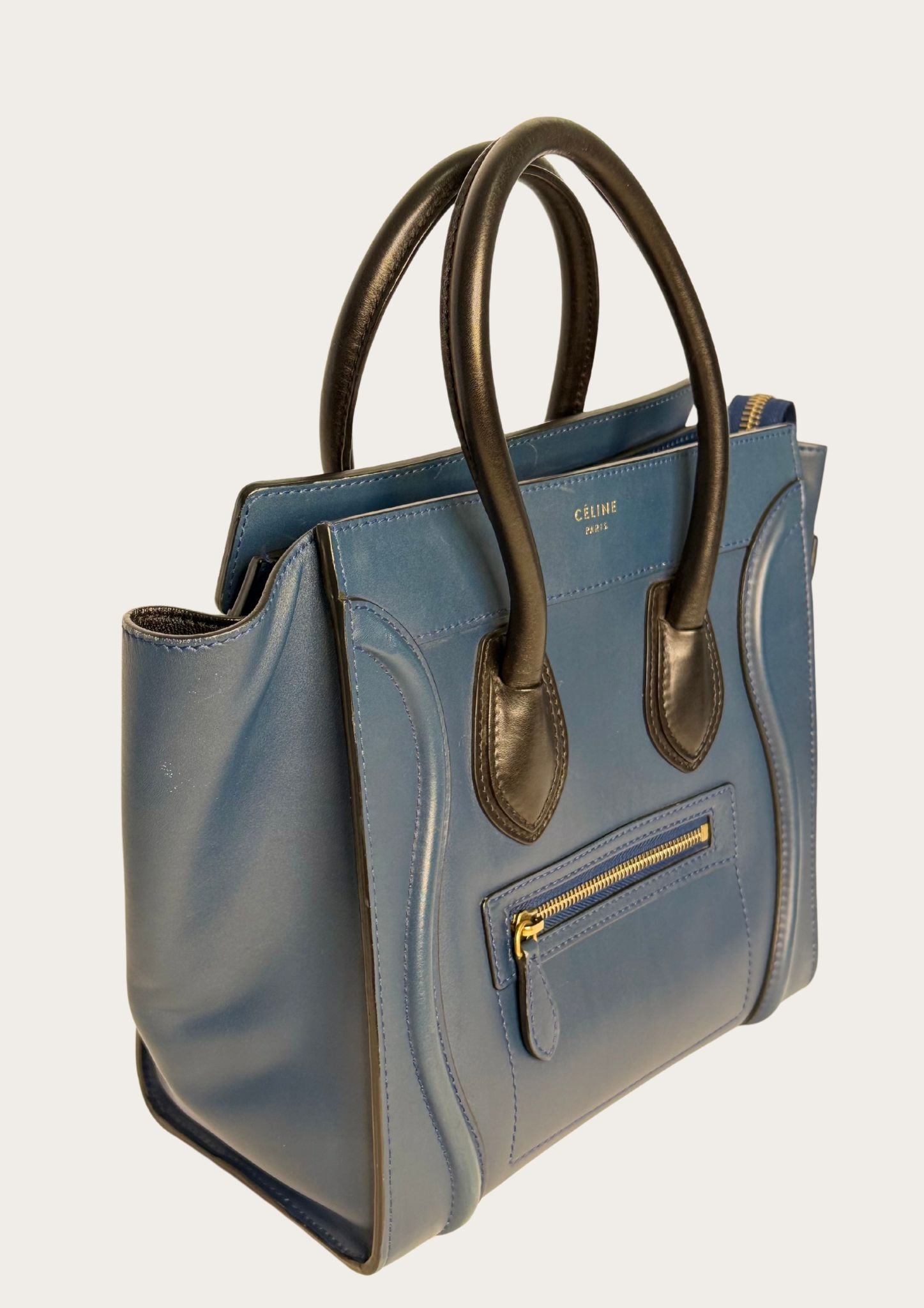 Genuine Celine Nano Luggage Tote in blue leather with black handles 