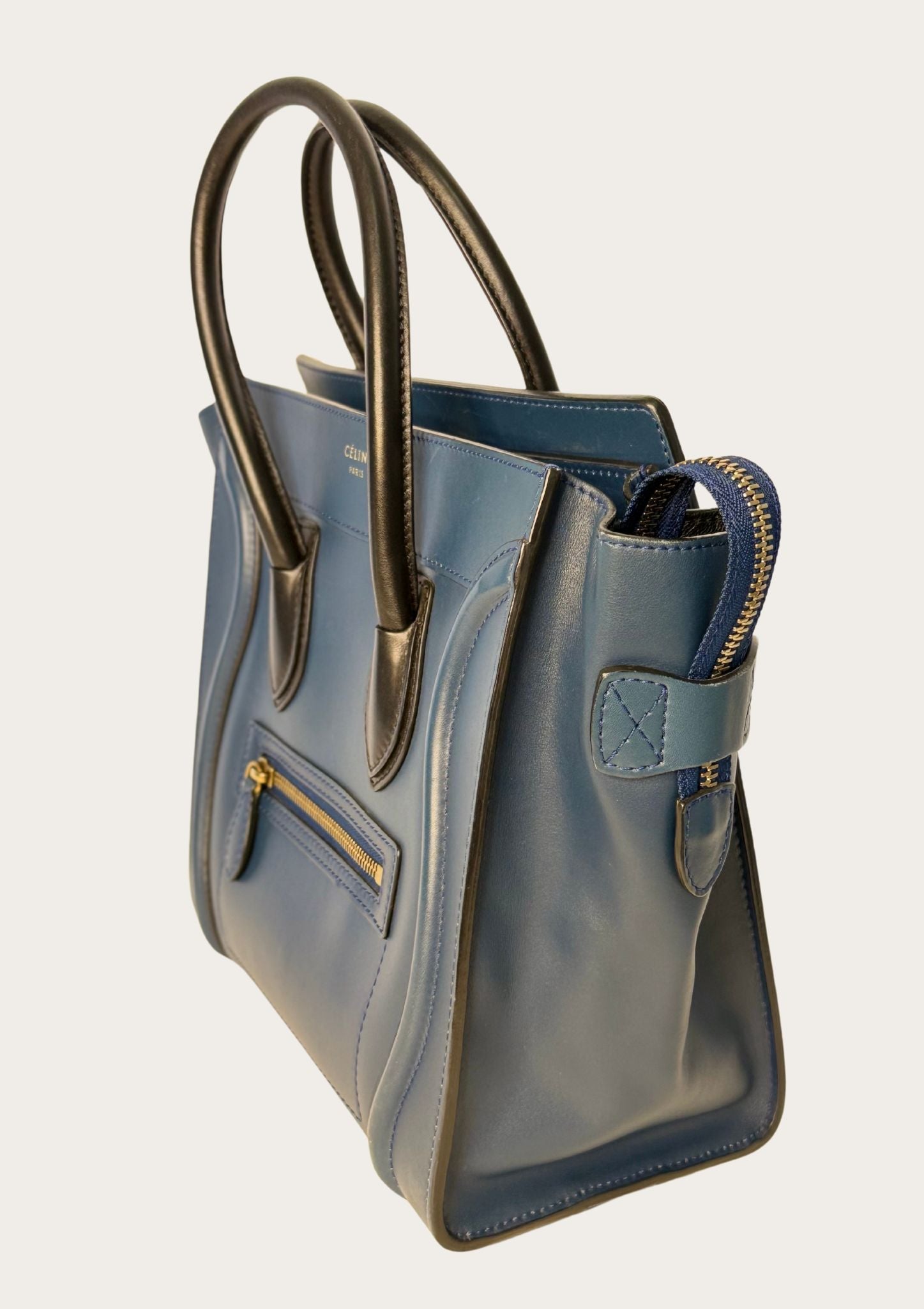 Genuine Celine Nano Luggage Tote in blue leather with black handles 