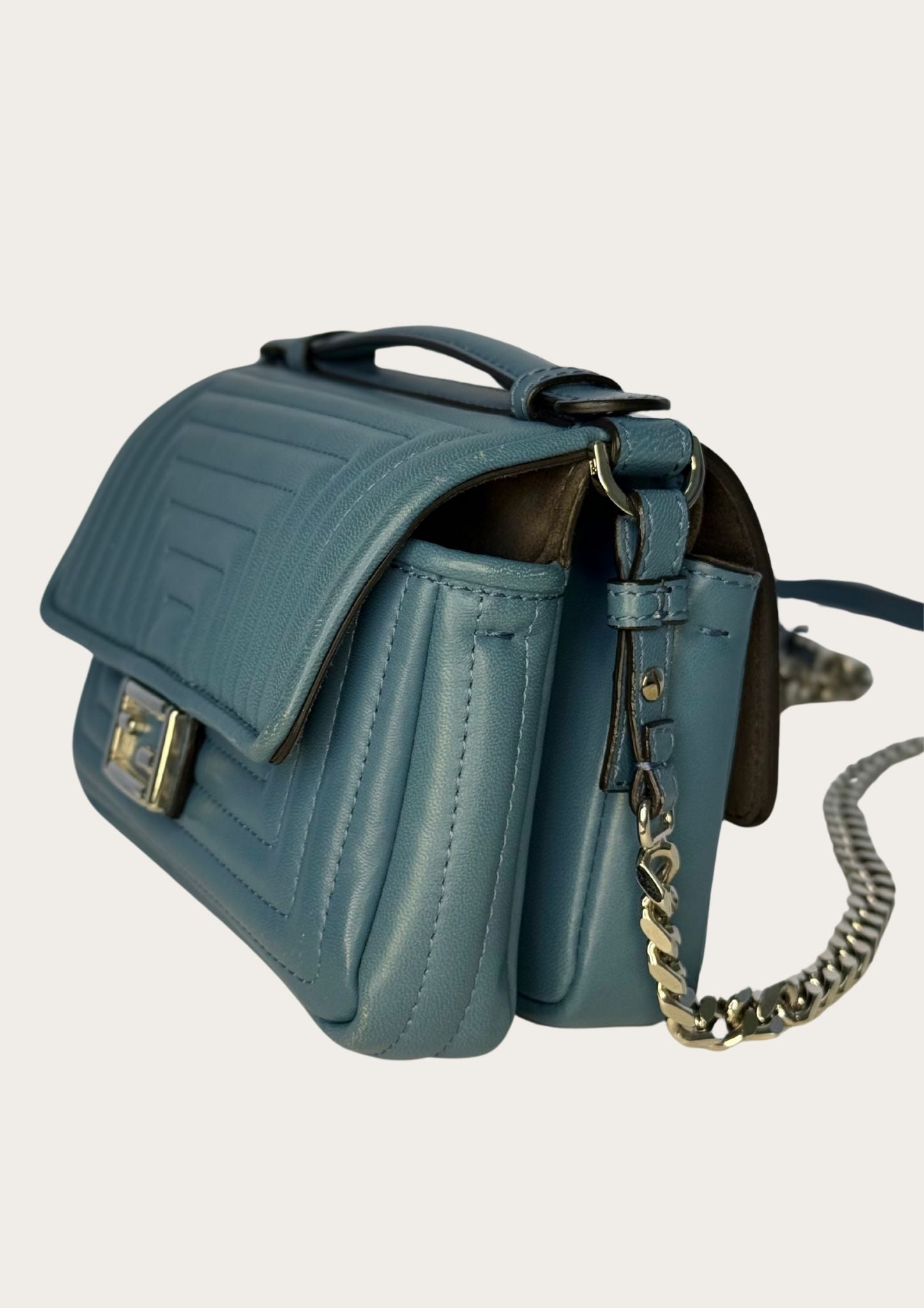 Genuine Fendi Double Micro Baguette crossbody mini bag in light blue with silver hardware