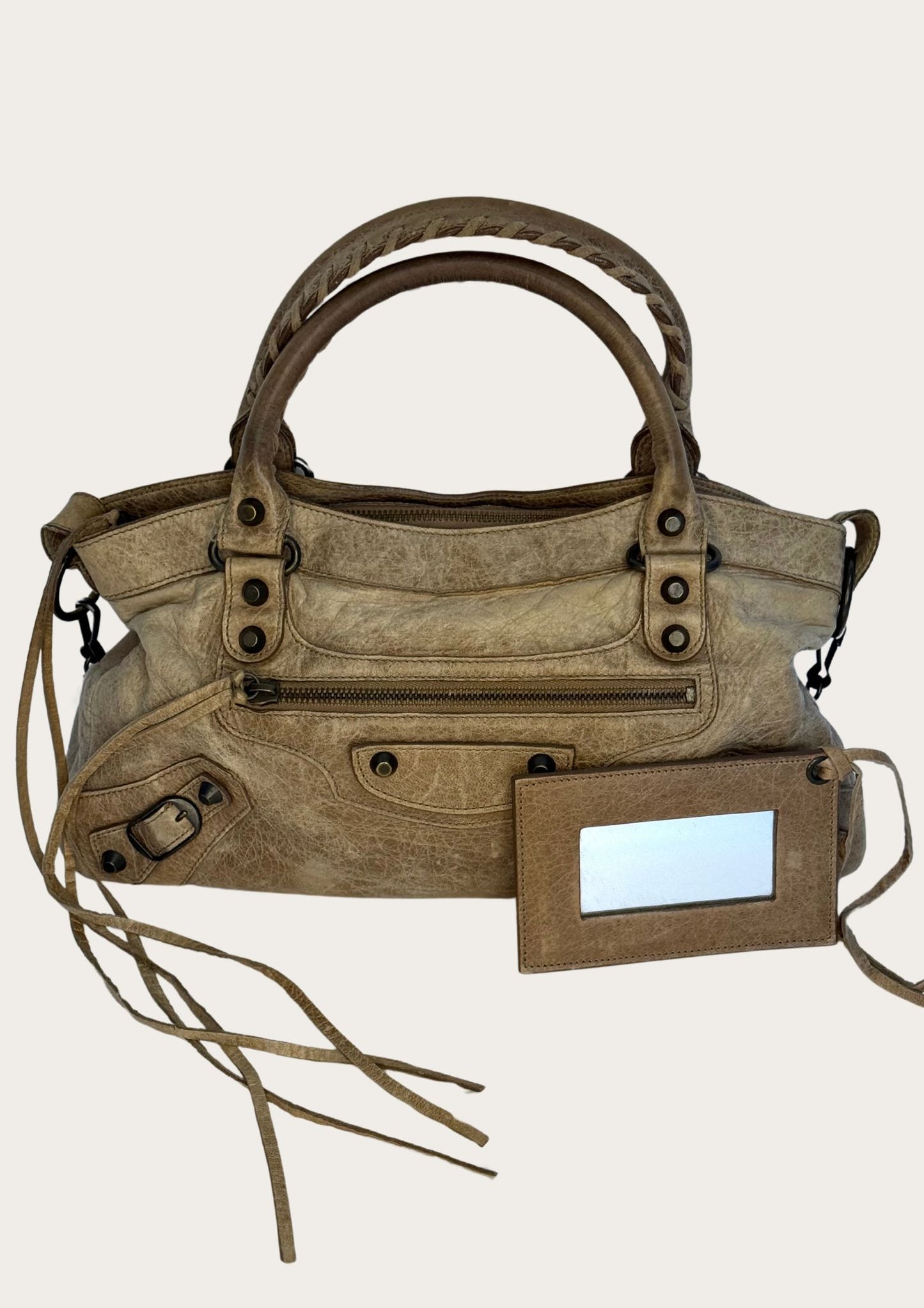 Pre-owned Balenciaga City bag in beige leather, genuine 