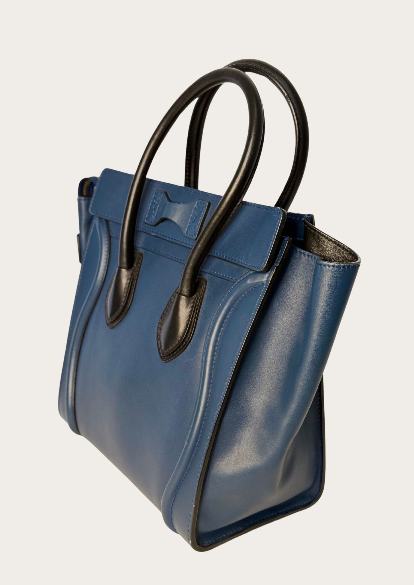 Genuine Celine Nano Luggage Tote in blue leather with black handles 