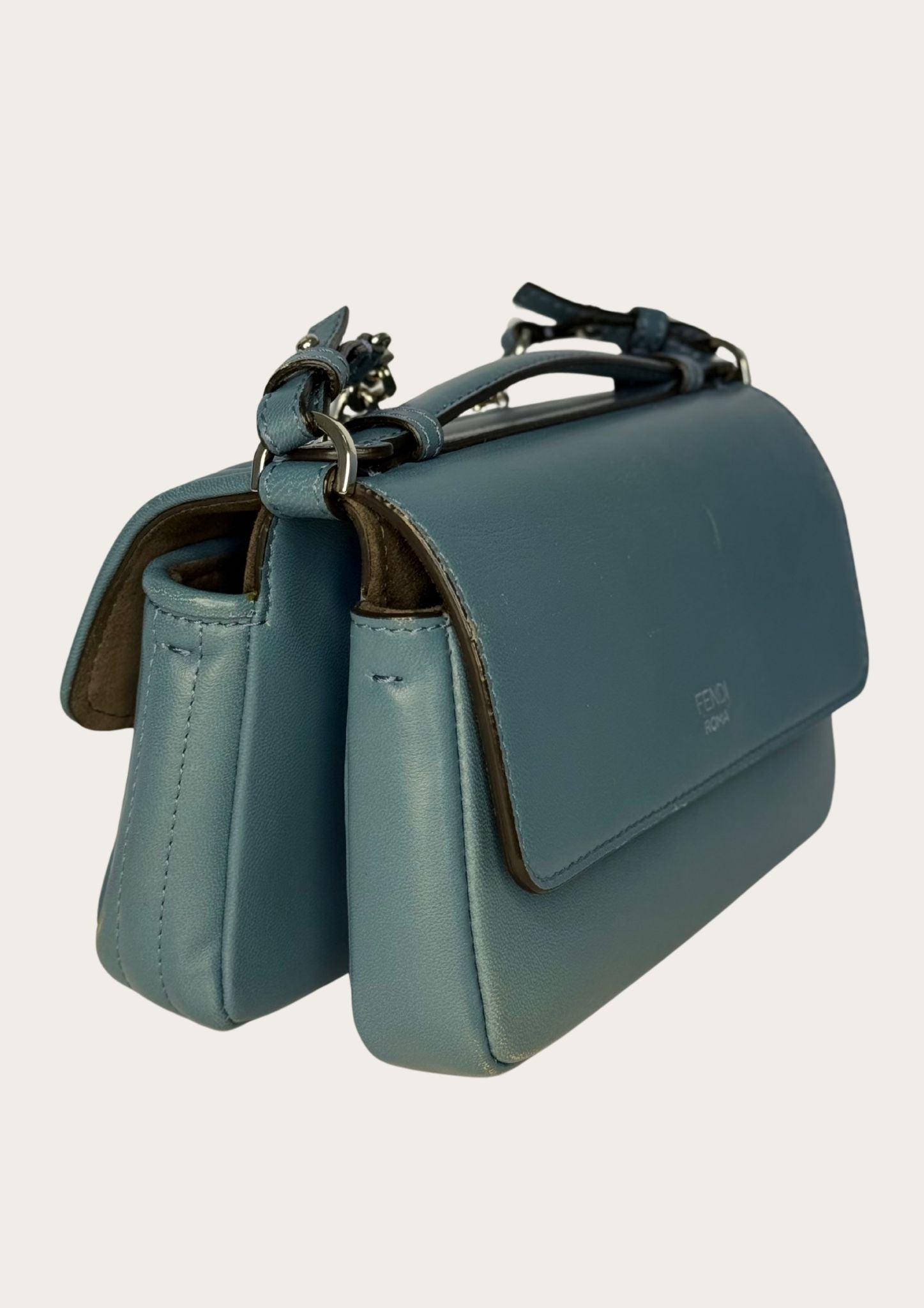 Genuine Fendi Double Micro Baguette crossbody mini bag in light blue with silver hardware