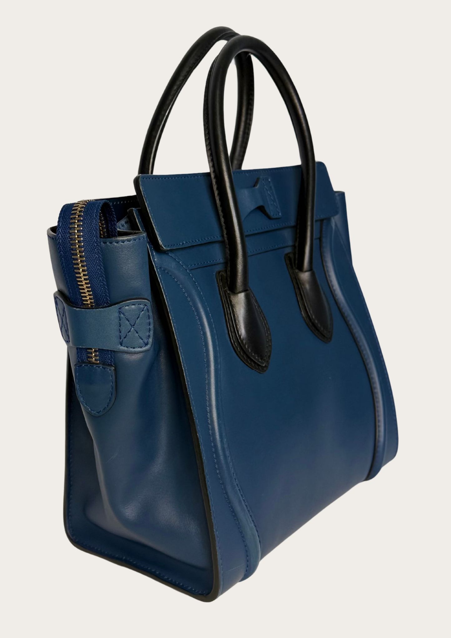 Genuine Celine Nano Luggage Tote in blue leather with black handles 