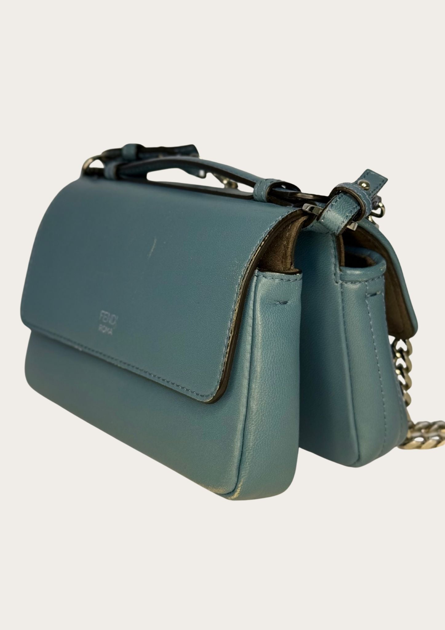 Genuine Fendi Double Micro Baguette crossbody mini bag in light blue with silver hardware