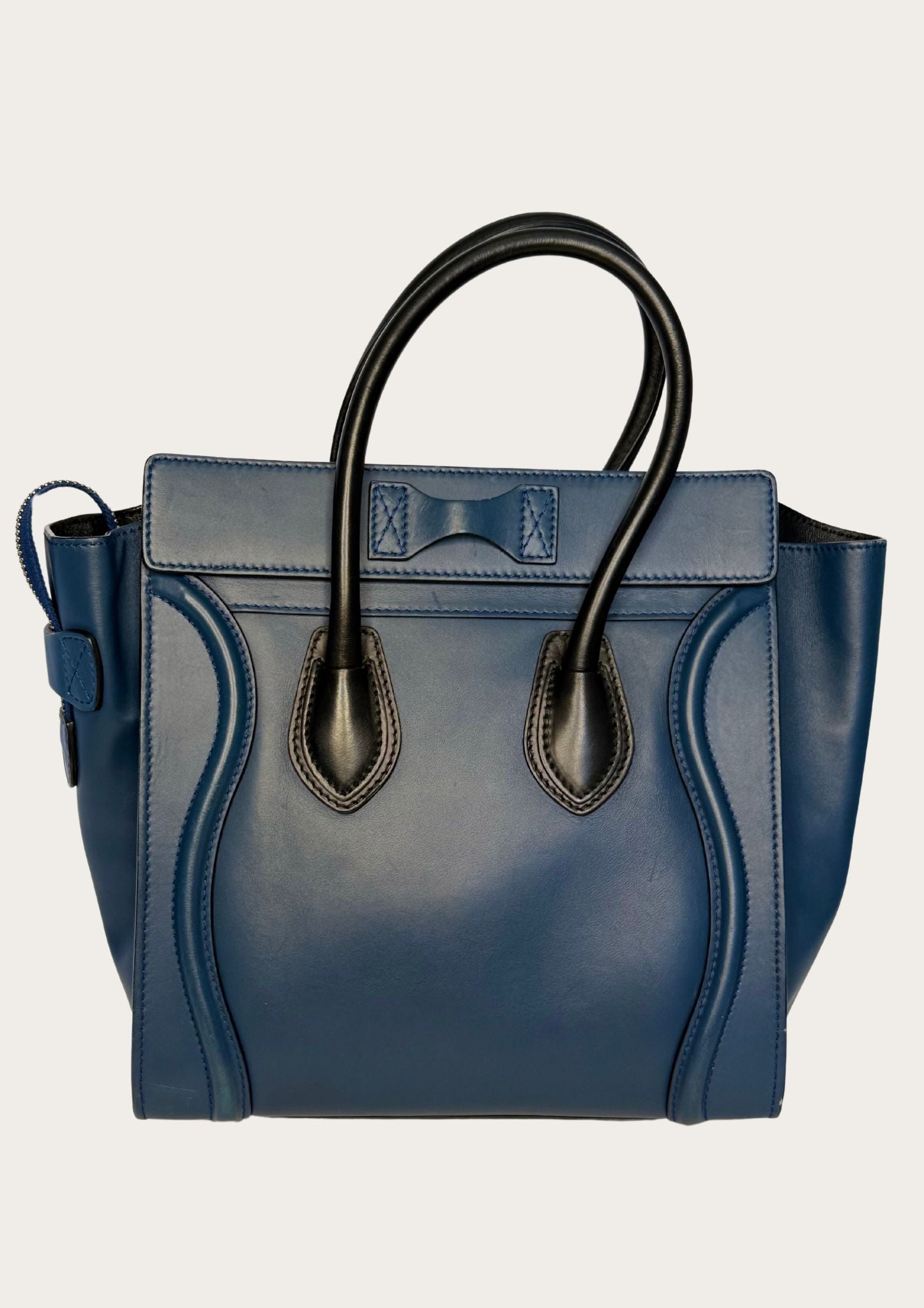 Genuine Celine Nano Luggage Tote in blue leather with black handles 