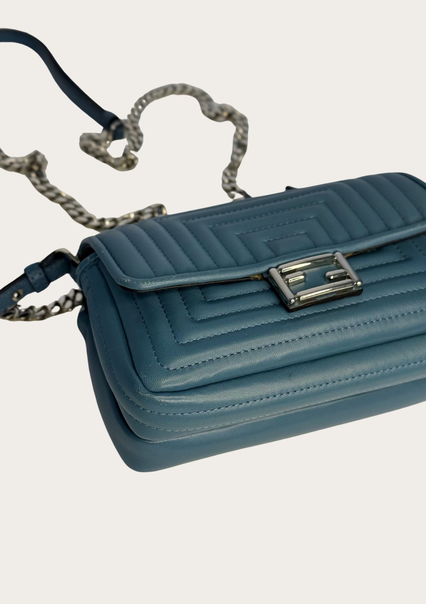 Genuine Fendi Double Micro Baguette crossbody mini bag in light blue with silver hardware