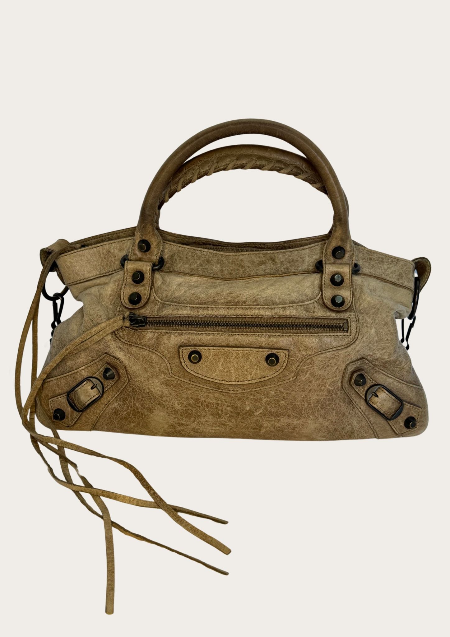 Pre-owned Balenciaga City bag in beige leather, genuine 