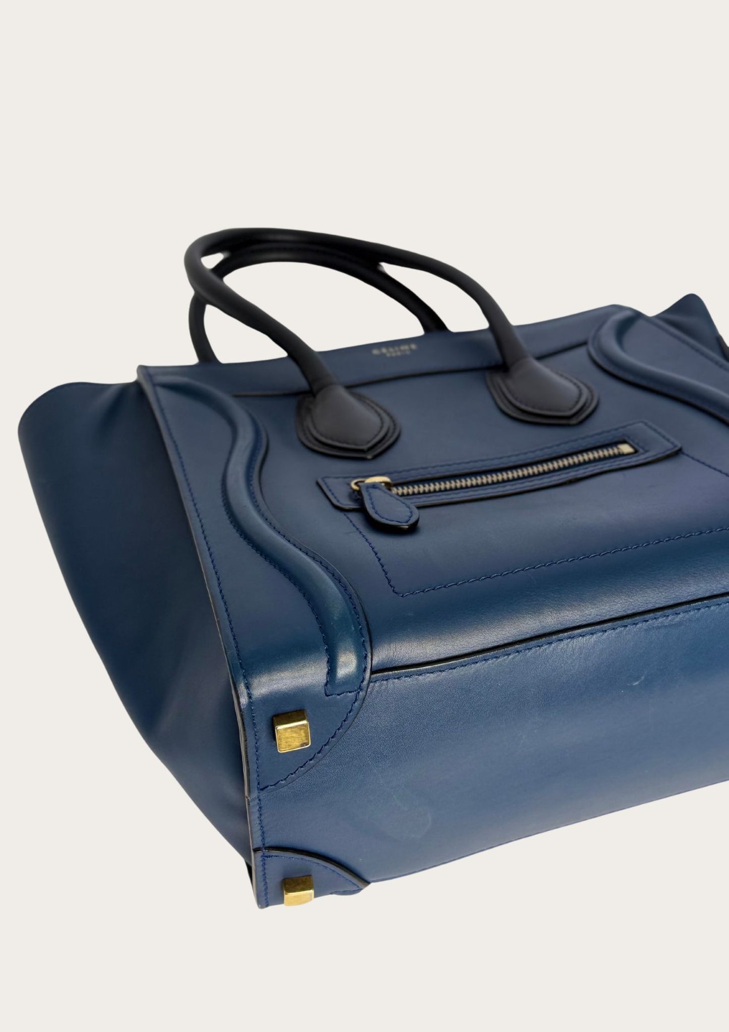 Genuine Celine Nano Luggage Tote in blue leather with black handles 