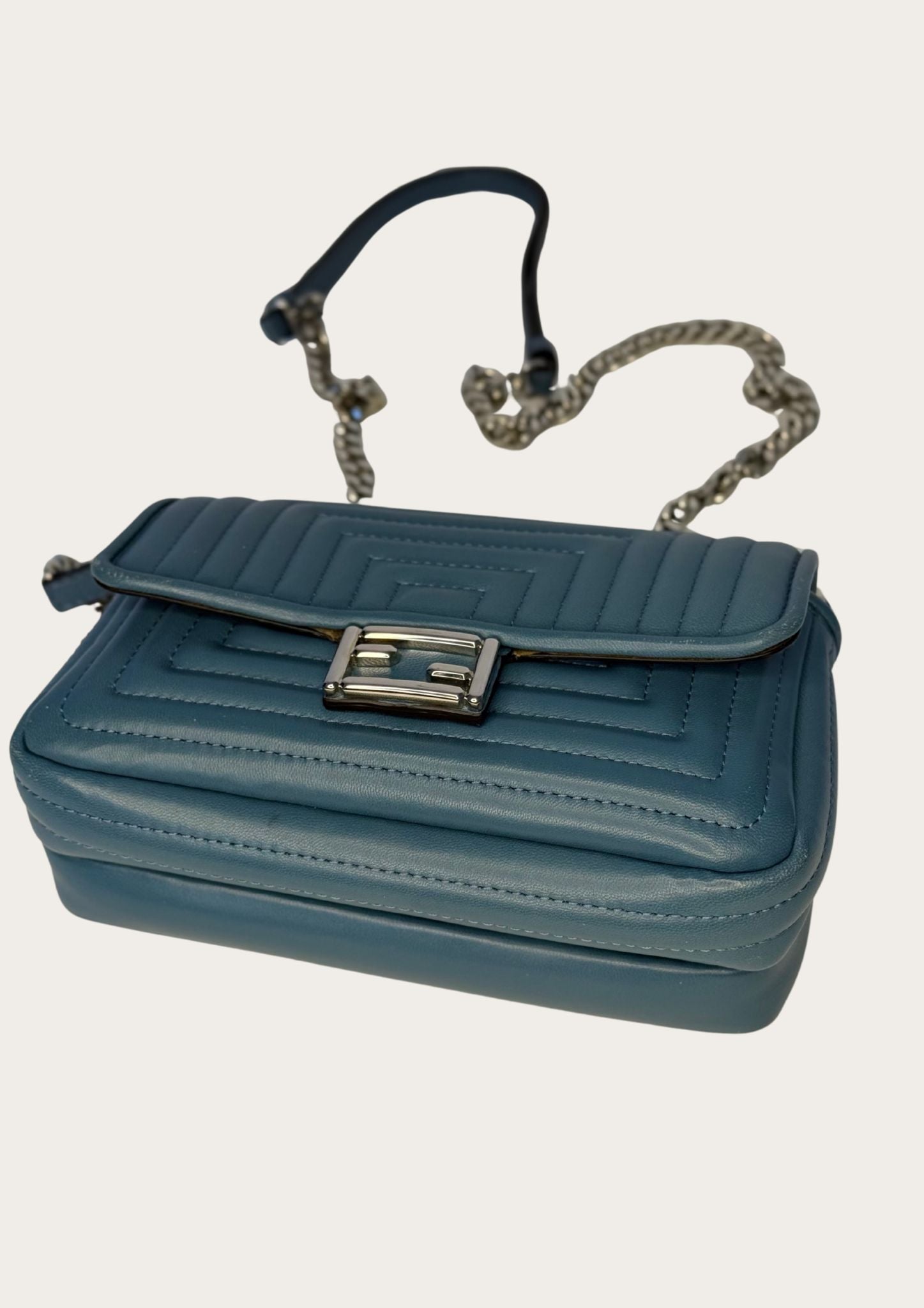 Genuine Fendi Double Micro Baguette crossbody mini bag in light blue with silver hardware