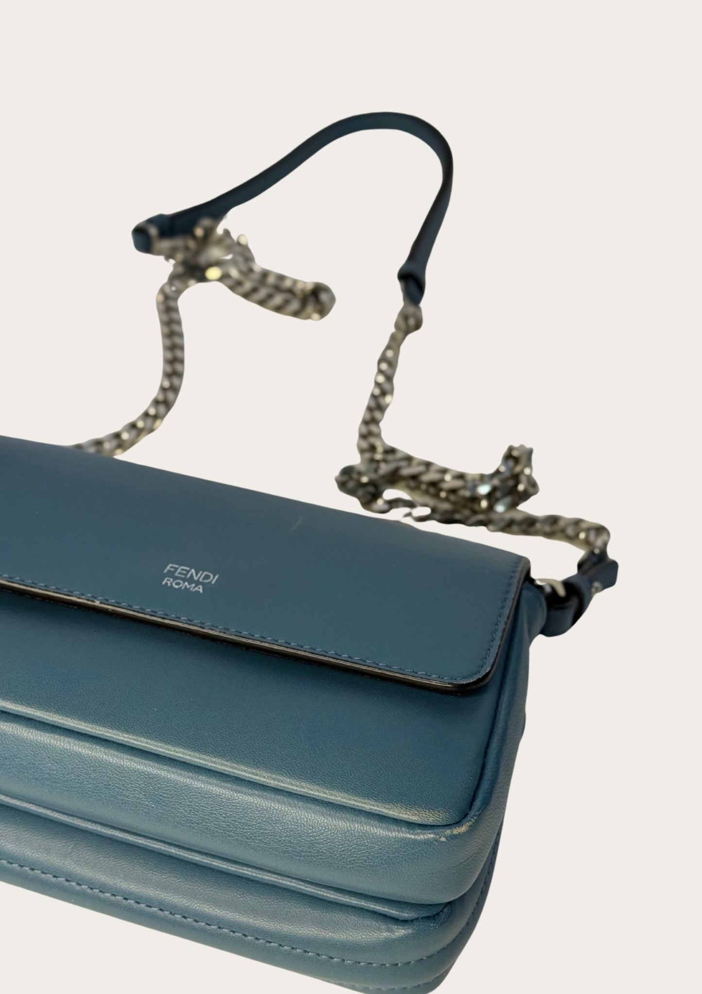 Genuine Fendi Double Micro Baguette crossbody mini bag in light blue with silver hardware