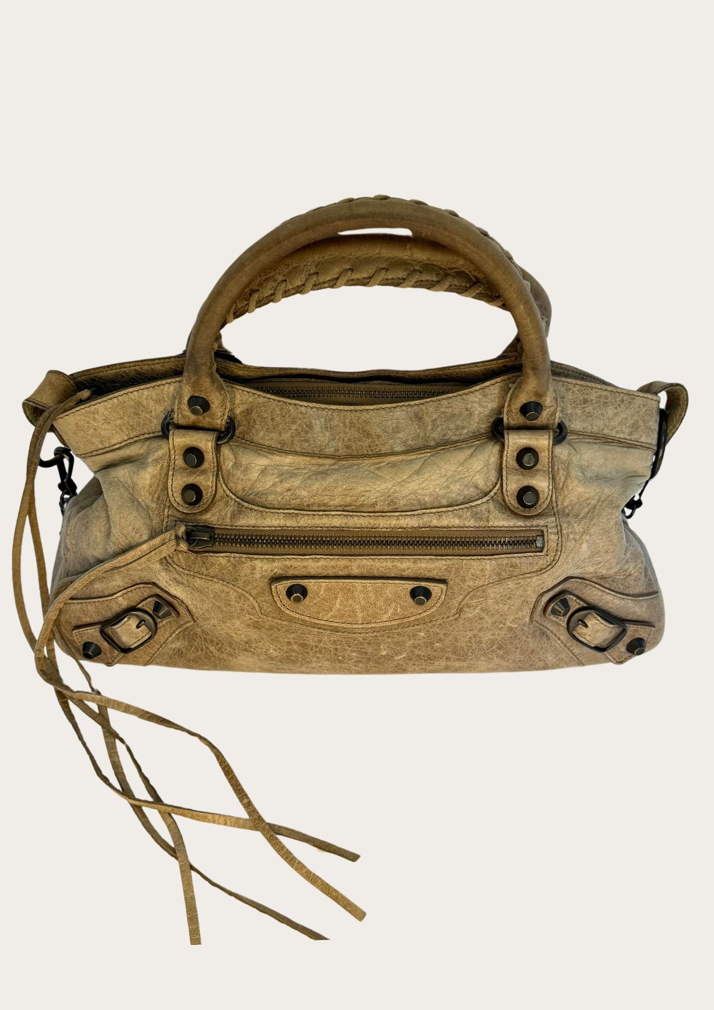 Pre-owned Balenciaga City bag in beige leather, genuine with mirror