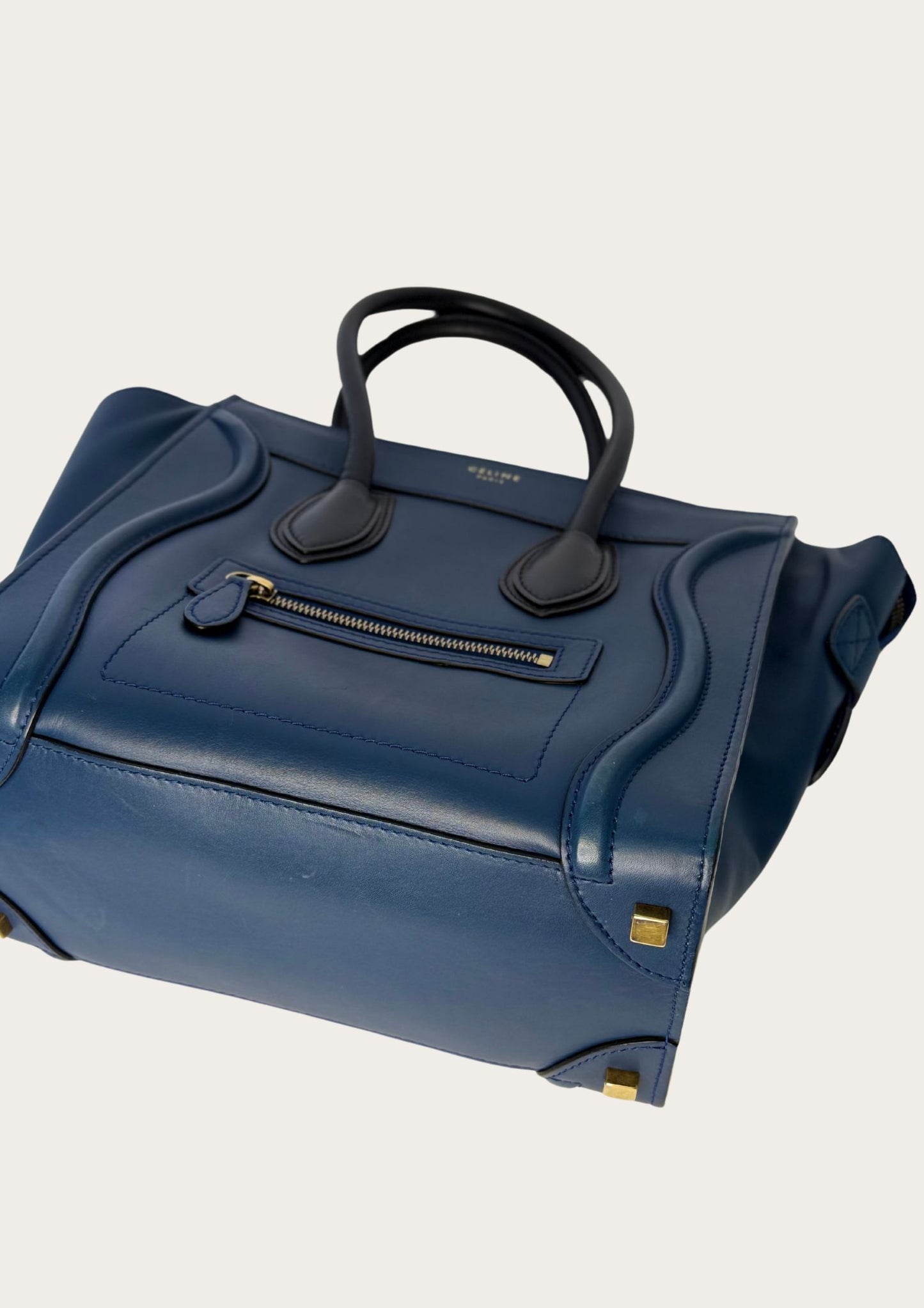 Genuine Celine Nano Luggage Tote in blue leather with black handles 