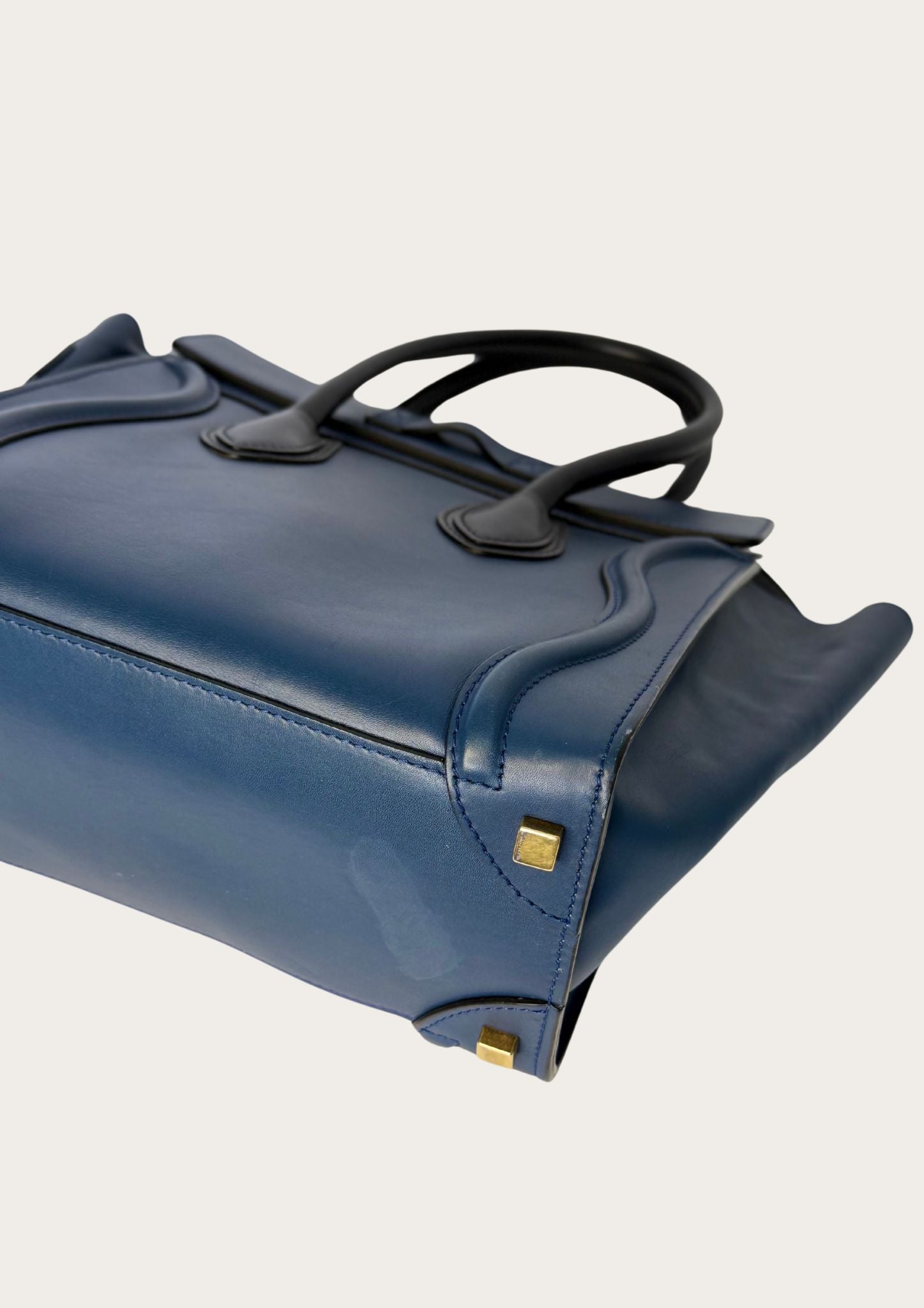 Genuine Celine Nano Luggage Tote in blue leather with black handles 