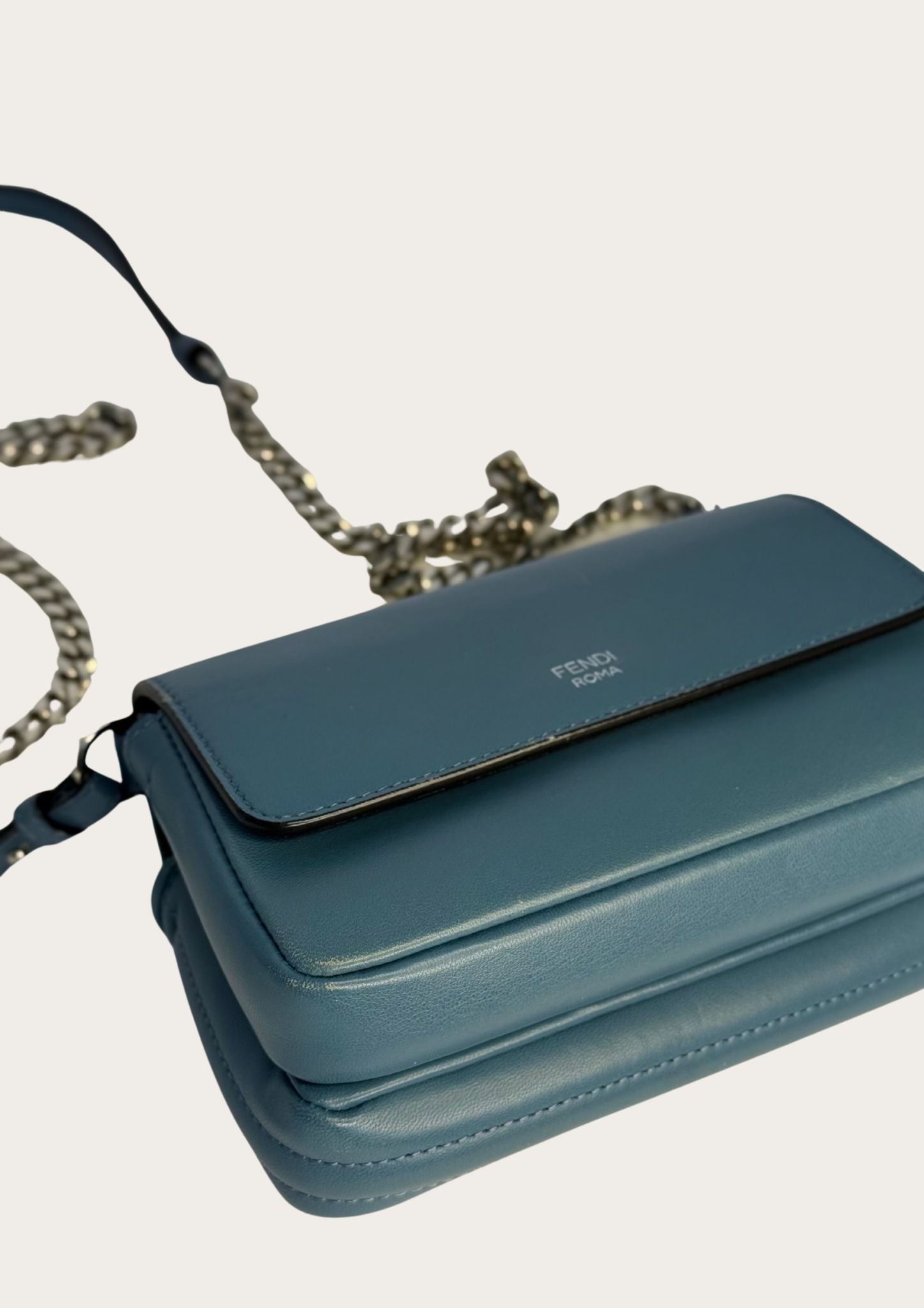 Genuine Fendi Double Micro Baguette crossbody mini bag in light blue with silver hardware