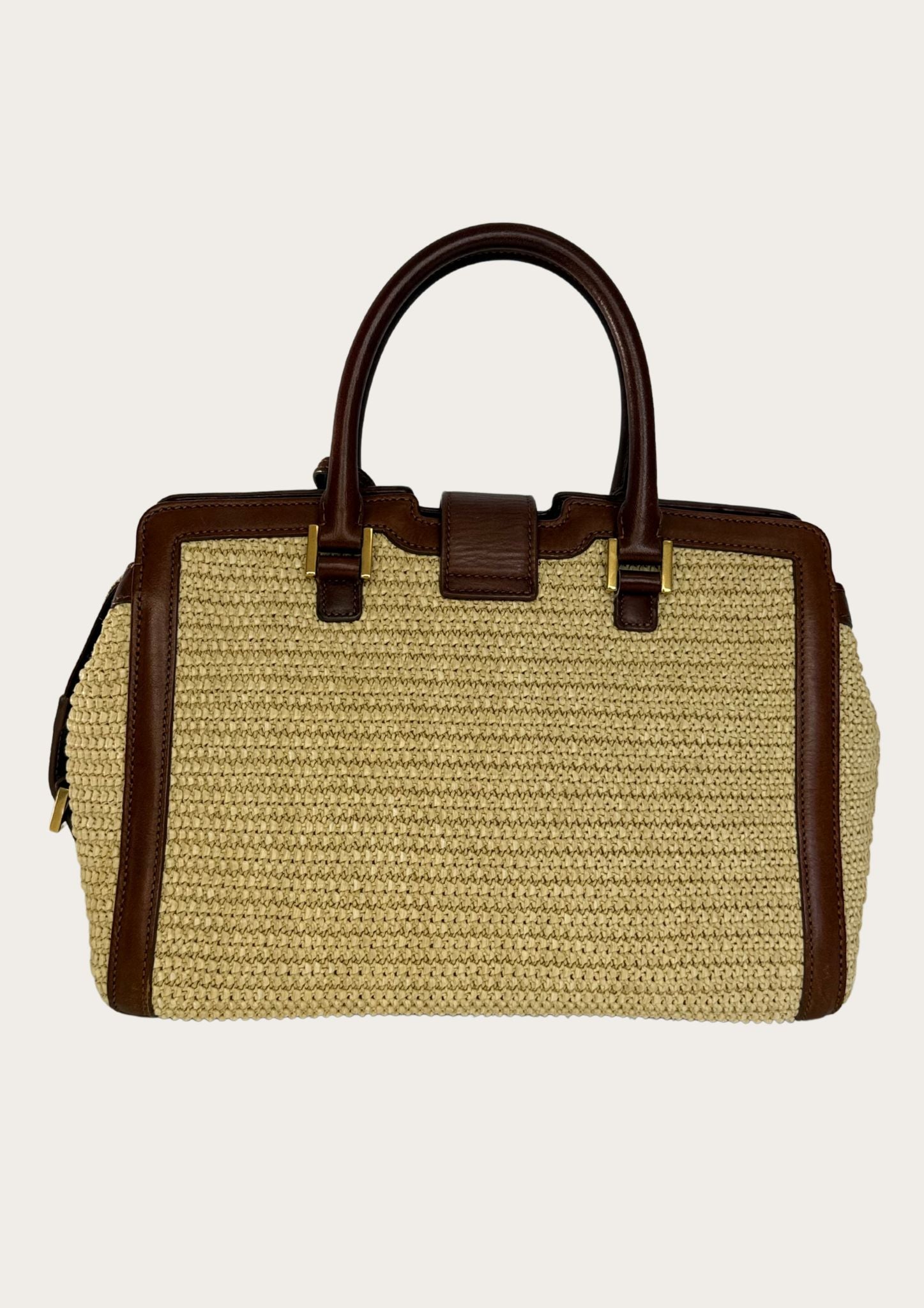 Authentic Saint Laurent Downtown Cabas Raffia bag with brown leather details 