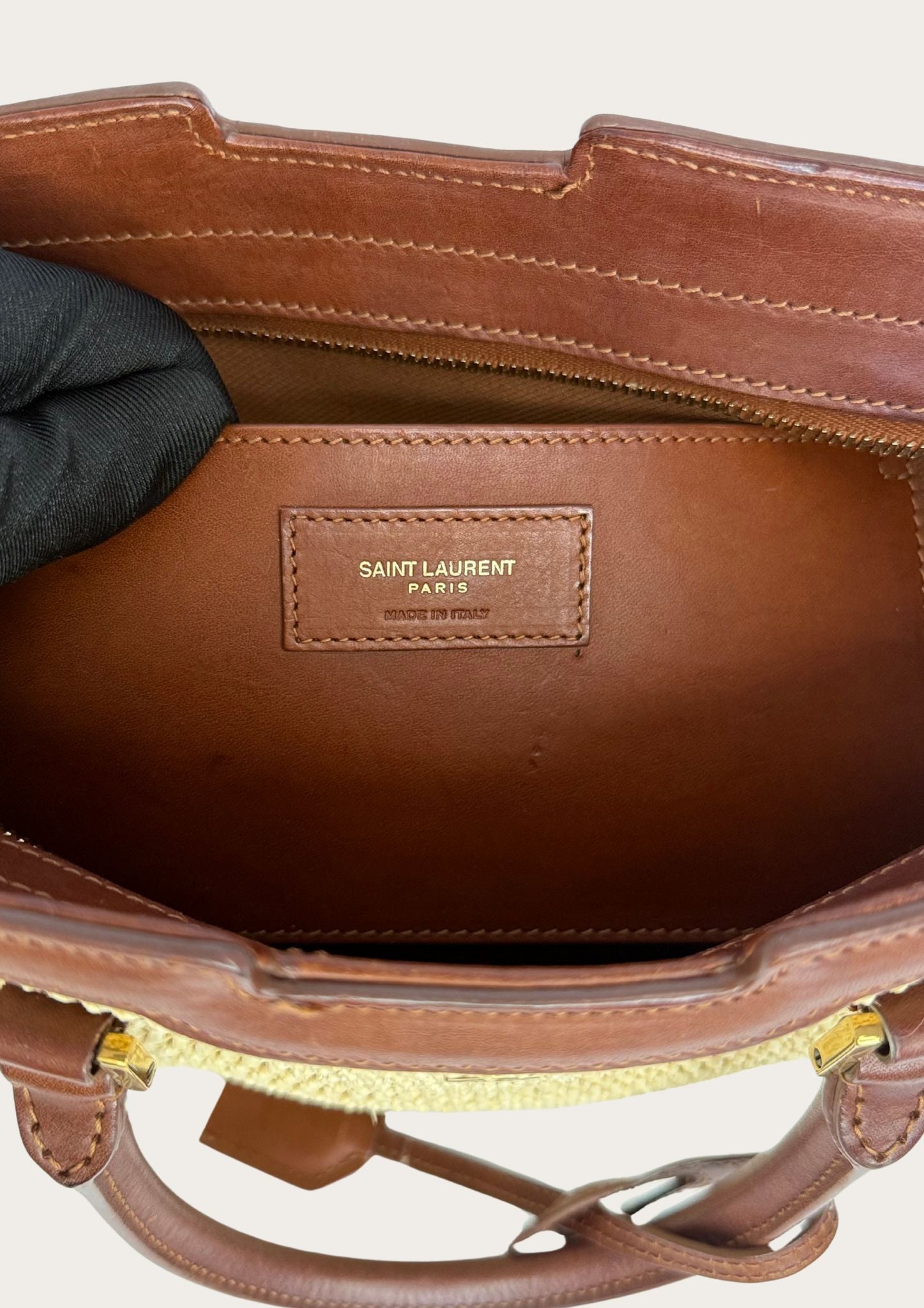 Authentic Saint Laurent Downtown Cabas Raffia bag with brown leather details 