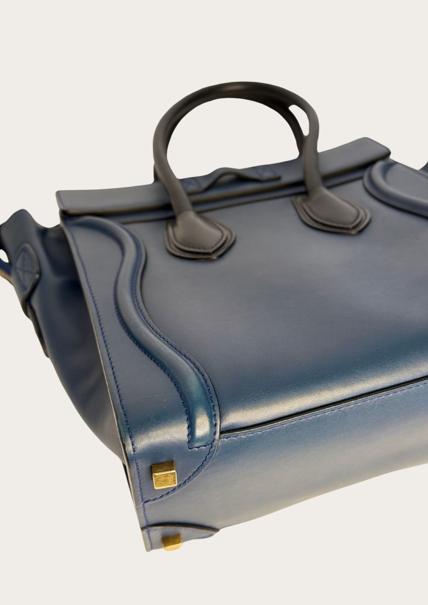 Genuine Celine Nano Luggage Tote in blue leather with black handles 