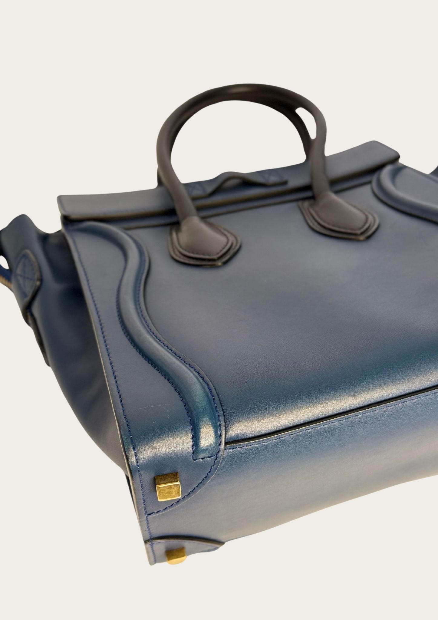 Genuine Celine Nano Luggage Tote in blue leather with black handles 